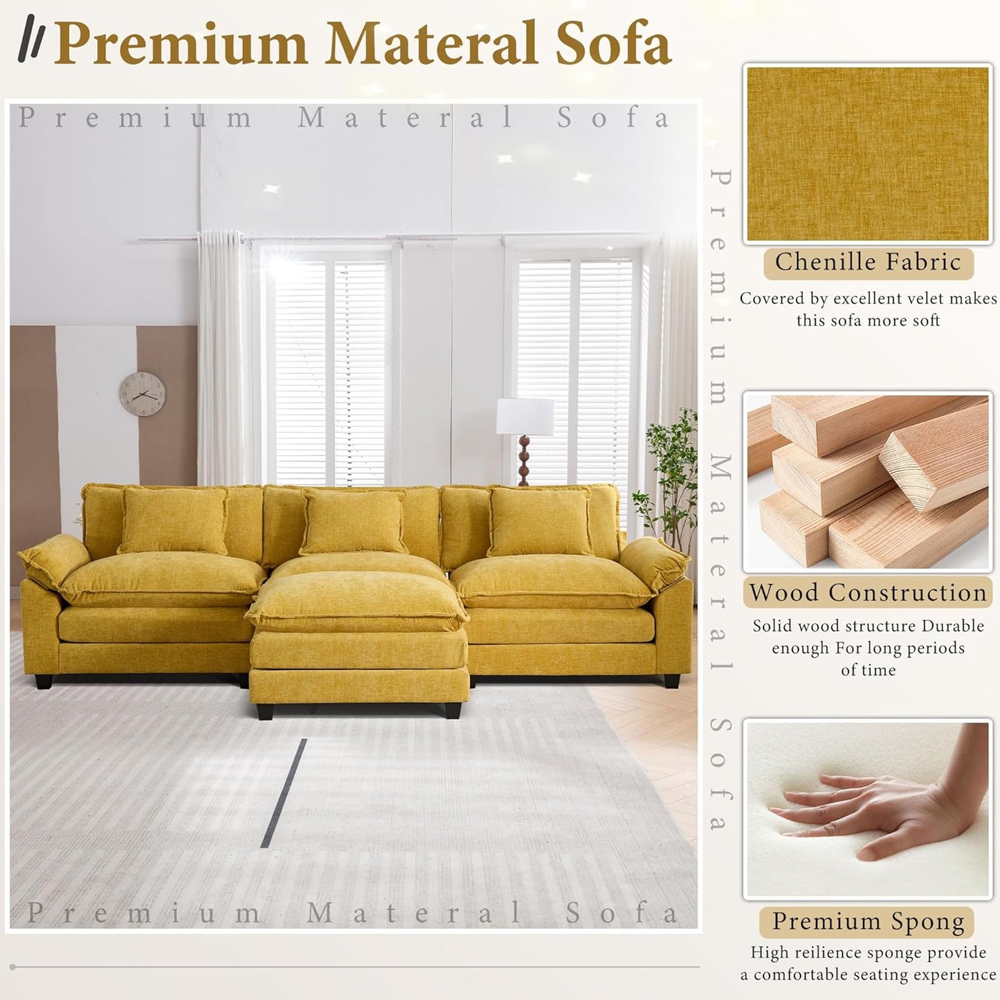 URRED Modular Sectional Sofa Comfy Cloud Couch, Modern Chenille Sofa Sleeper Deep Seat Couches with Ottoman/Pillows for Living Room (Yellow, 117''- L Shape)