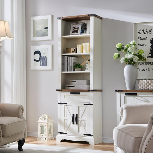 OKD 72'' Tall Bookshelf with Storage, Farmhouse 4 Tier Bookcase with Barn Door, Adjustable Shelves and Drawers, Rustic Wooden Office Bookshelves for Home Bedroom, Living Room, Library Antuique White