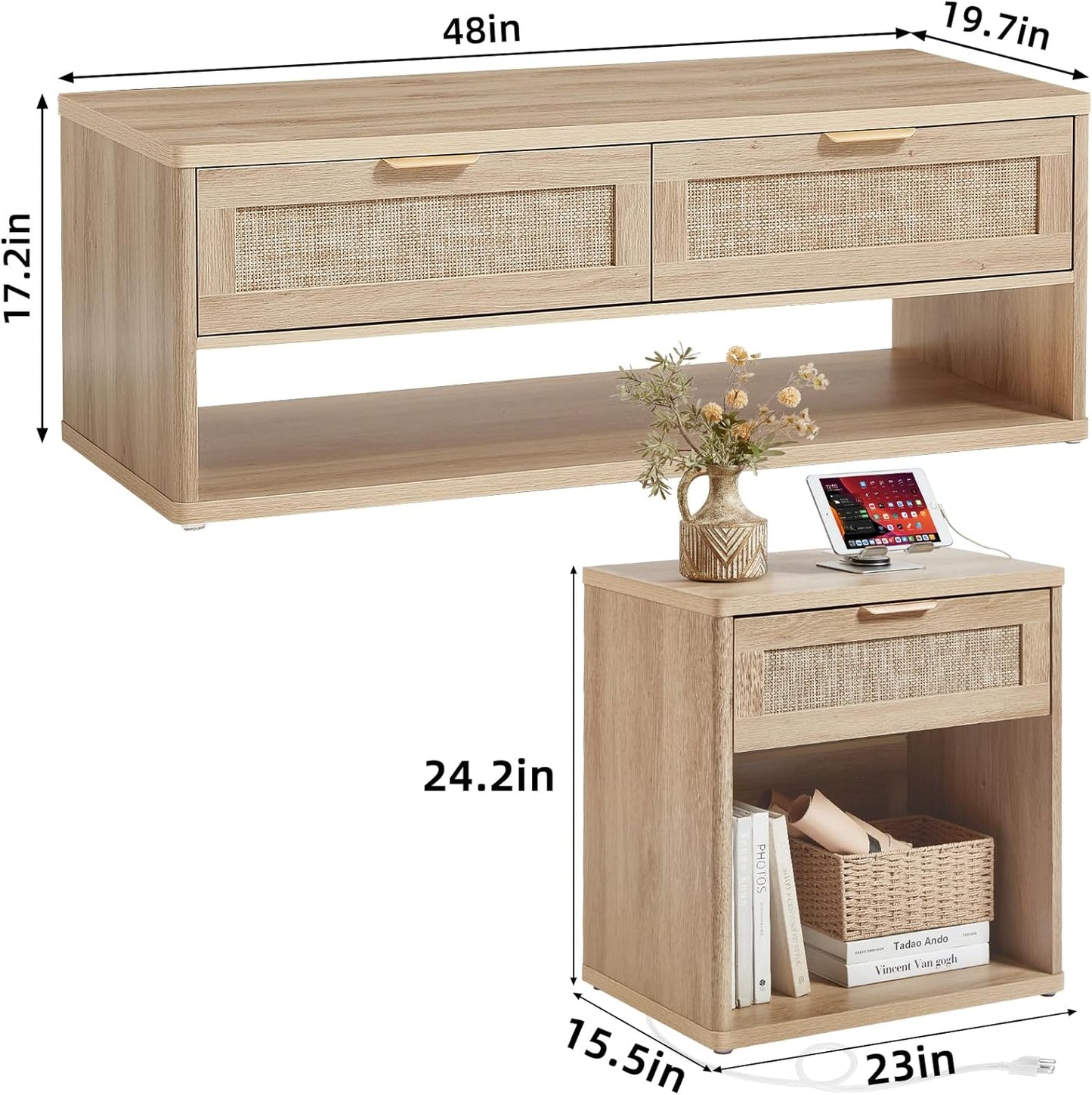 LEYAOYAO Boho Rattan Coffee Table Sets 3 Pieces, Nightstand with Charging Station and Coffee Table with Hidden Storage Compartment, Natural Living Room Table Set, Wood Furniture Sets for Home Office