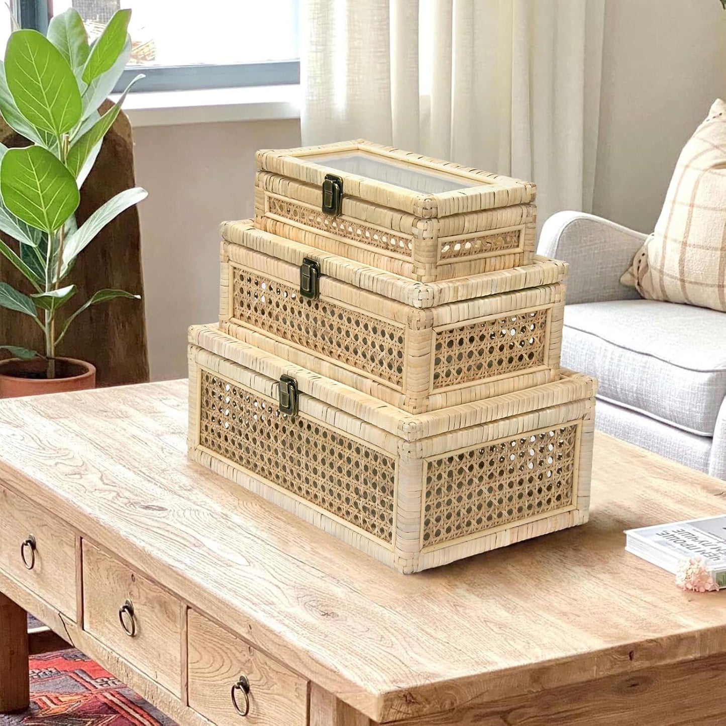 Rattan Decorative Boxes with Glass Lids, Set of 3 Sizes Boho Natural Hand-woven Cane Home Decor Organizers Storage Bins, Display Boxes Natural Finish