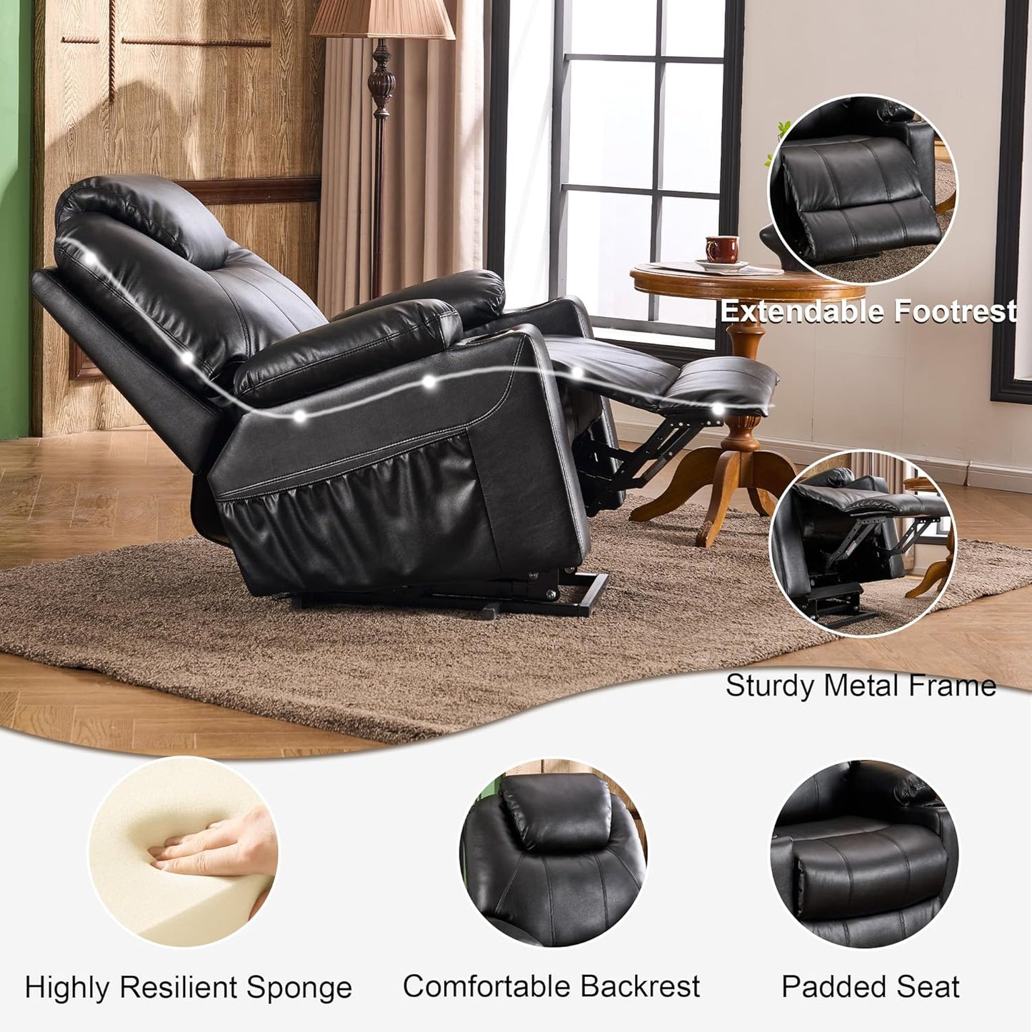 SALOHZA Power Lift Recliner Chair for Elderly with Massage and Heat for Living Room, Electric Recliner Chair for Adults with USB/Type C Port/Cup Holders, PU Faux Leather, Black