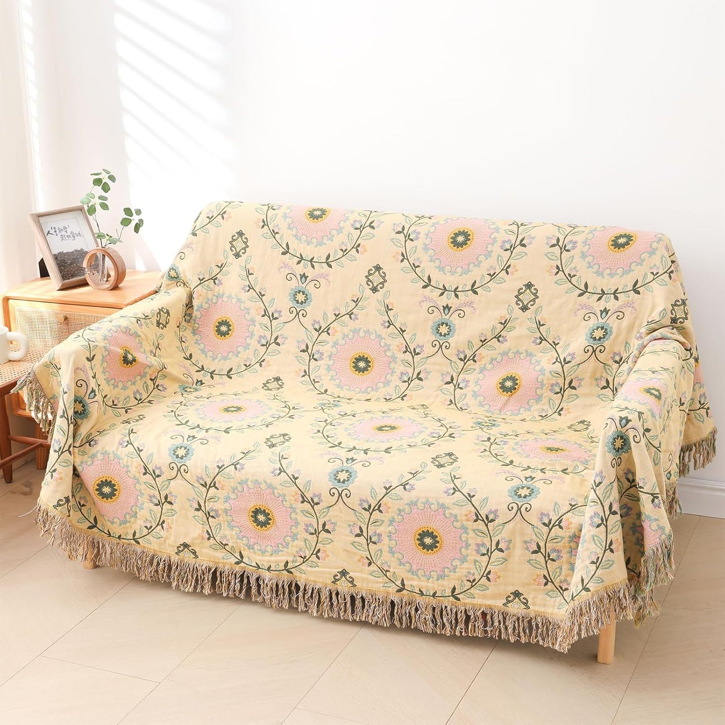 Snycler Boho Throw Blanket 60"x80" - 100% Cotton Ultra Soft Rustic Quilt, Green Floral Printed Farmhouse Decor for Bed, Sofa, Couch, Chair - All Season Cozy Blanket