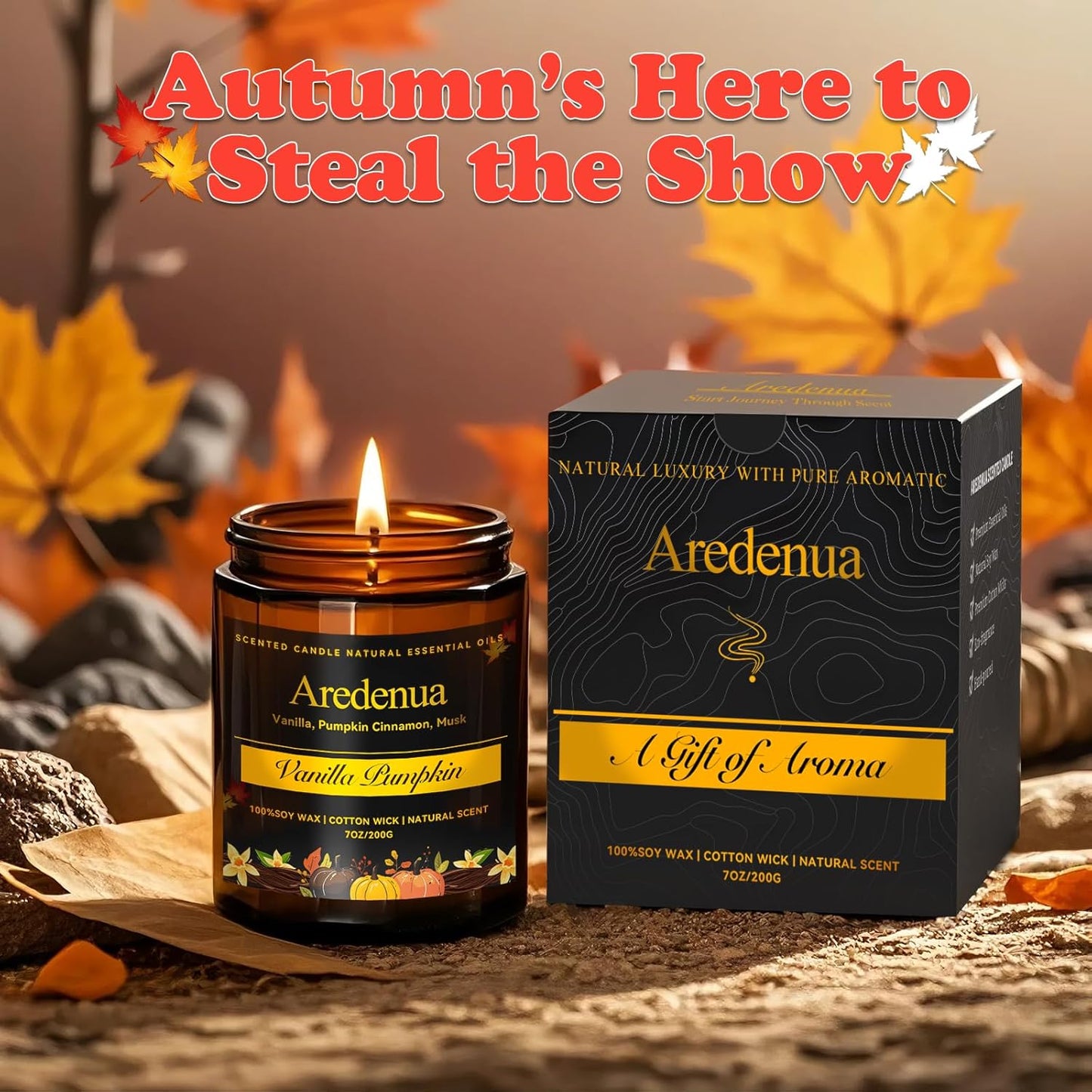 Fall Candle | Vanilla Pumpkin Scented Candle - Scented Candles for Autumn, 7oz Autumn Soy Candles with 50hr Burn Time, Holiday Thanksgiving Fall Gifts for Women Men