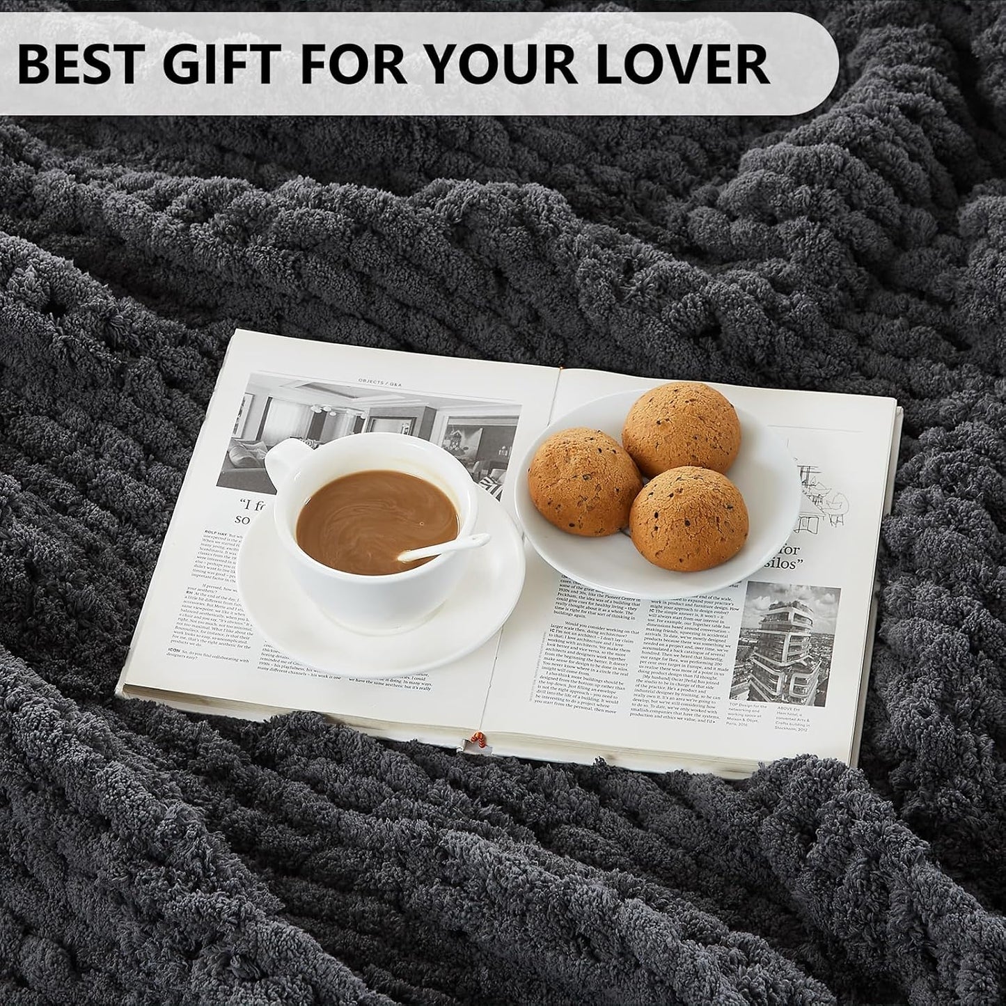 L'AGRATY Chunky Knit Blanket Throw - Soft Throw Blanket 40x50: 100% Hand Kintted Chenile Crochet Throw Blanket for Couch - Large Cable Knit Blanket for Home Decor (Dark Grey)