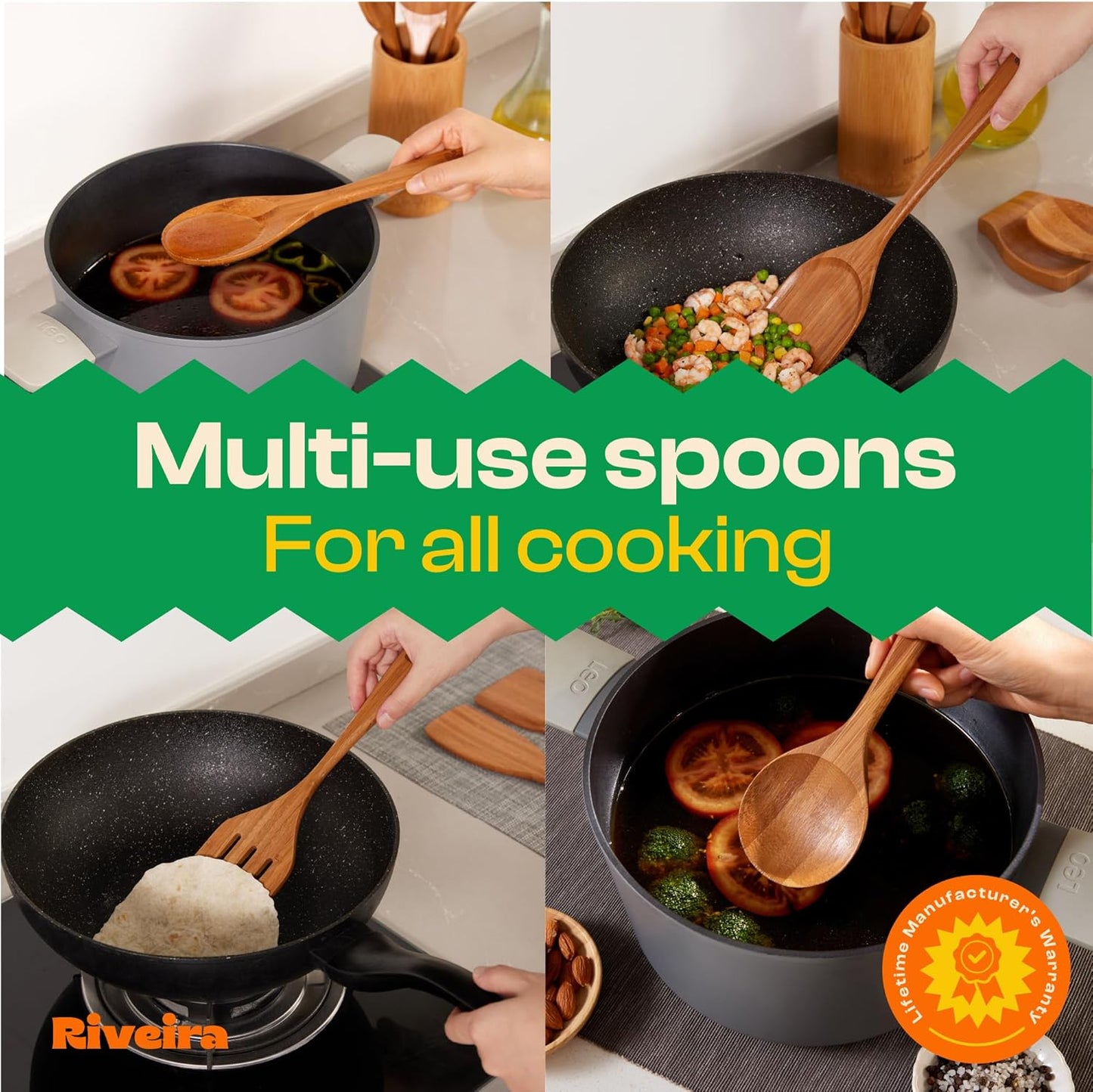 Riveira Brown Bamboo Wooden Spoons for Cooking Set of 6 – Natural Brown Bamboo Wooden Cooking Utensils, Wooden Spatula, Wooden Spoon - Premium Quality Wooden Utensil Set for Non-Toxic Cooking