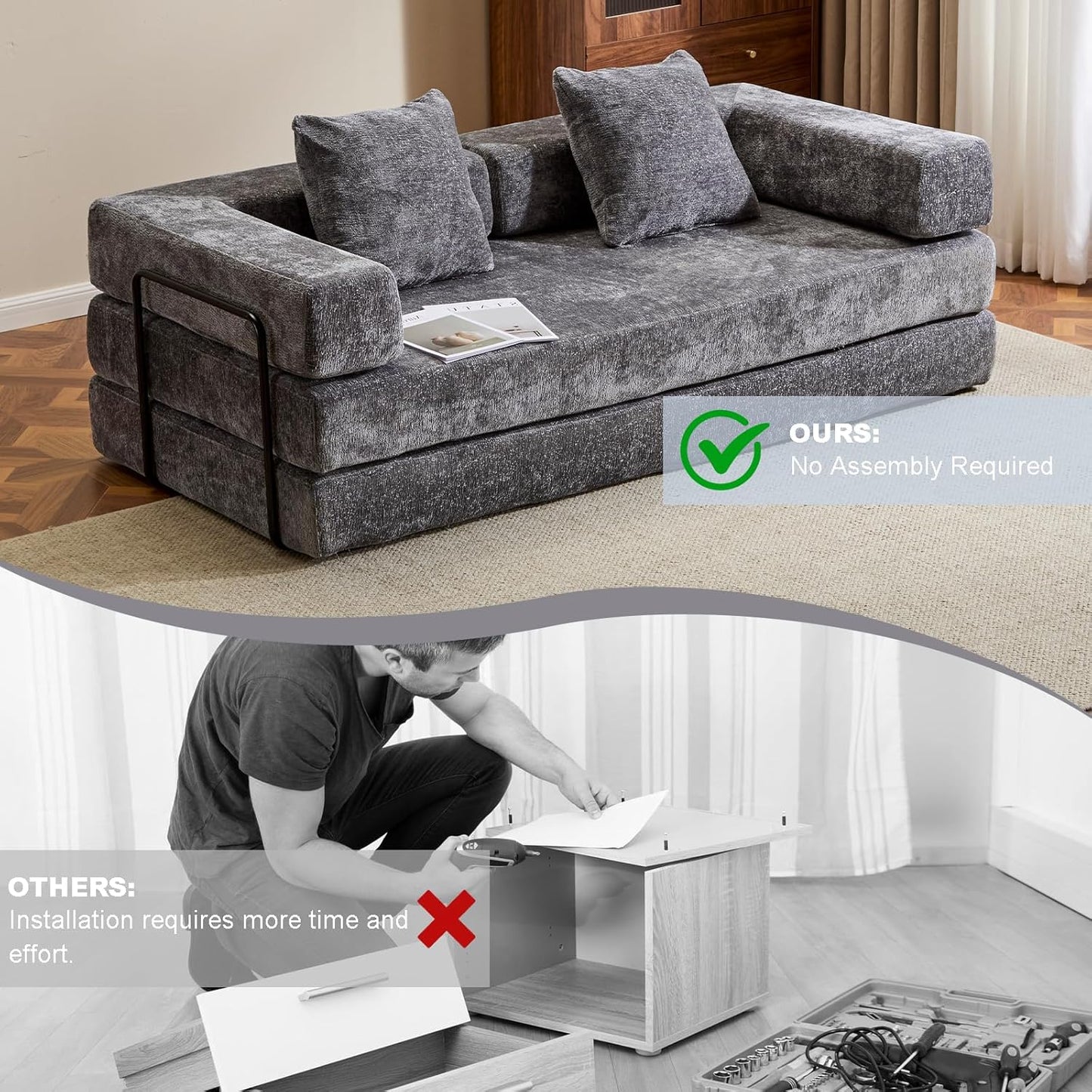 Convertible Sleeper Sofa Bed, Compression Folding Sofa with Pillow, No Assembly Required, Shape Frame, Floor Sofas Lounge Couch for Living Room, Bedroom, Small Spaces(Chenille, 77''W, Dark Grey)