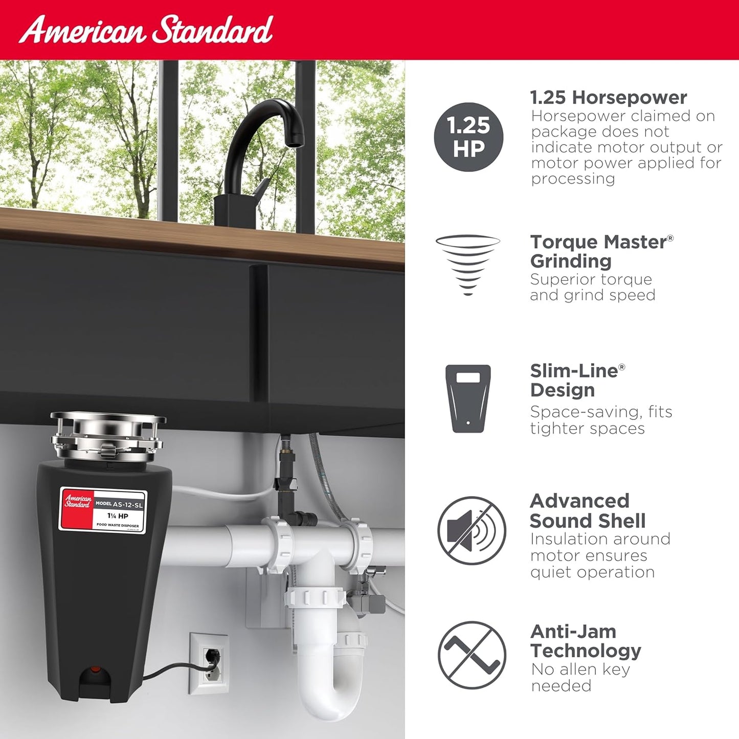 American Standard 10-US-AS-12-SL Garbage Disposal Anti-Jam Stainless Steel Food Waste Grinding System, Slim Line, 1.25 HP, Black