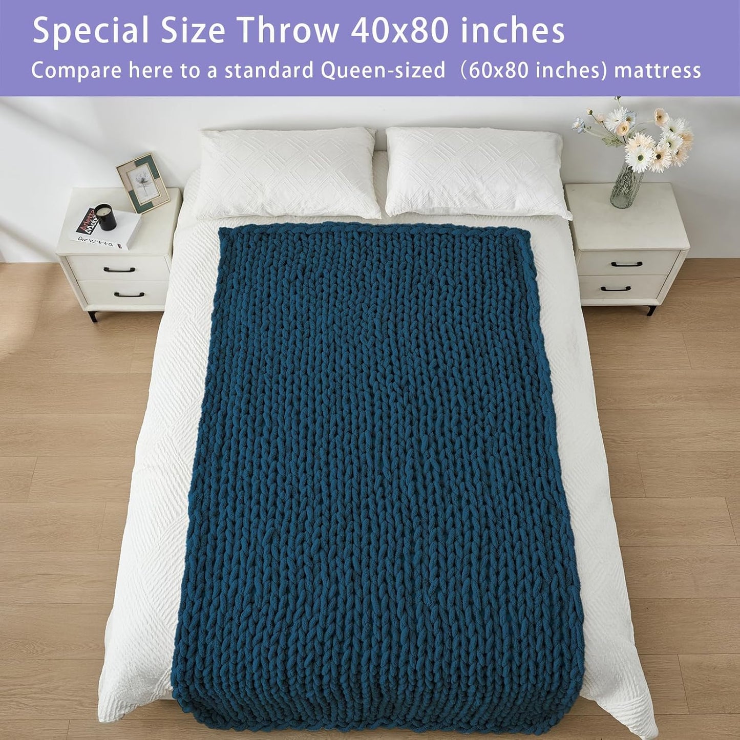 Bigacogo Chunky Knit Throw Blanket for Couch, 40x80 inches, 100% Hand Knitted with Thick Jumbo Chenille Yarn, Cozy Soft Large Rope Knot Cable Crochet Blankets for Sofa Bed Living Room, Deep Sea Blue
