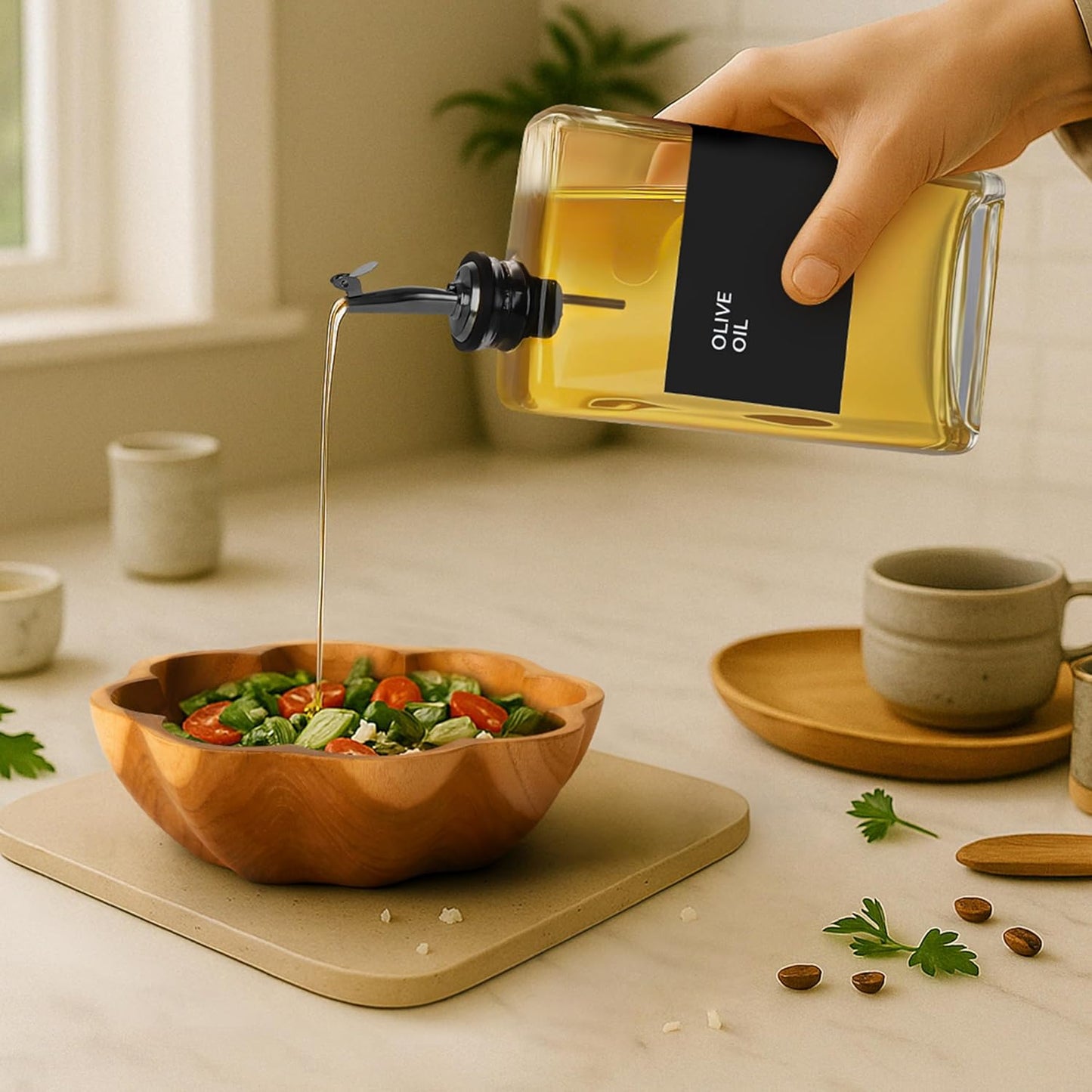 Olive Oil Dispenser Bottle - Includes 44 Kitchen Essential Labels - Cooking Oil Bottles for Kitchen, Coffee Syrup Dispenser - Pourer Spout with 11.8 fl oz Glass Container Cruet - 4pcs, Black