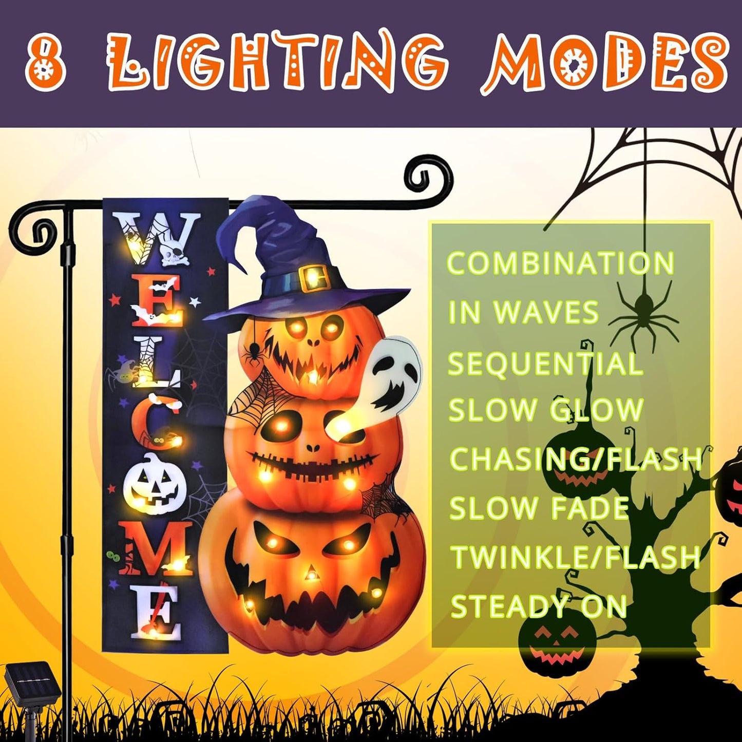 Halloween Lighted Garden Flag, Solar Yard Flag for Outside, 8 Modes Double Sided Welcome Halloween Pumpkin Outdoor Decorations for Home Porch (Pumpkin-12x18)
