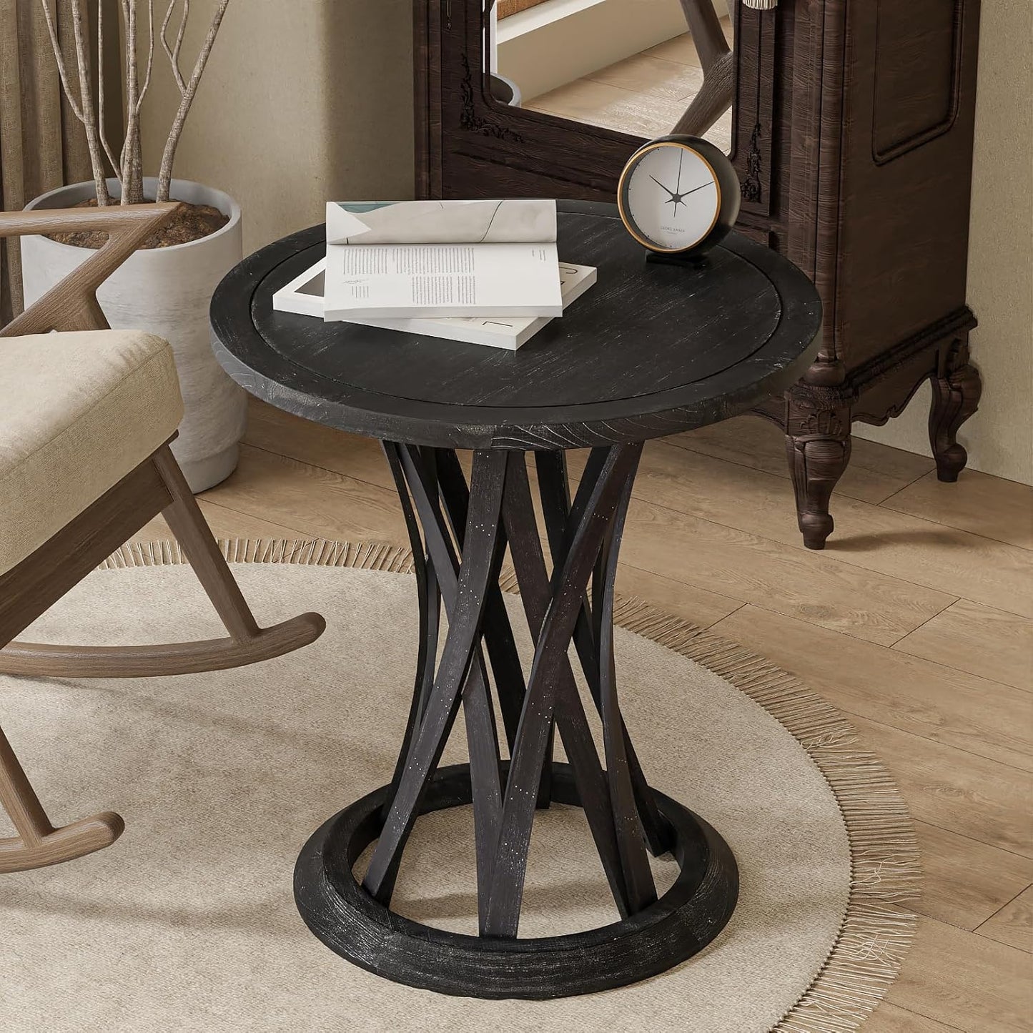 Round Farmhouse End Table with Crisscross Pedestal Base, Distressed Finish Side Table Rustic Accent Table for Living Room, Pine Wood, Black