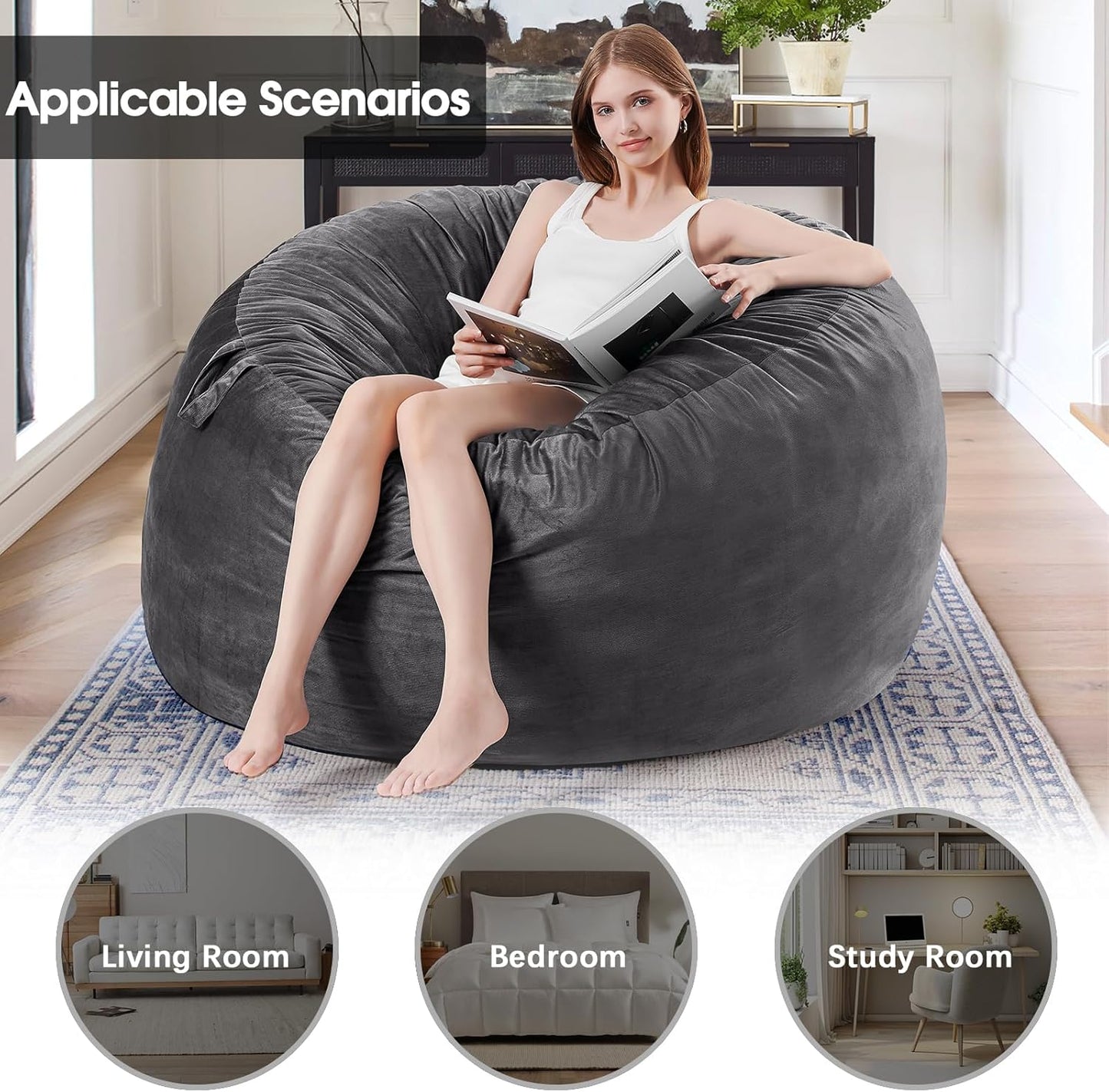 Bean Bag Chairs for Adults - Memory Foam Furniture BeanBag Chair - Kids/Teens Sofa with Soft Micro Fiber Cover - Round Fluffy Couch for Living Room Bedroom College Dorm - 4 ft, Gray Stripe