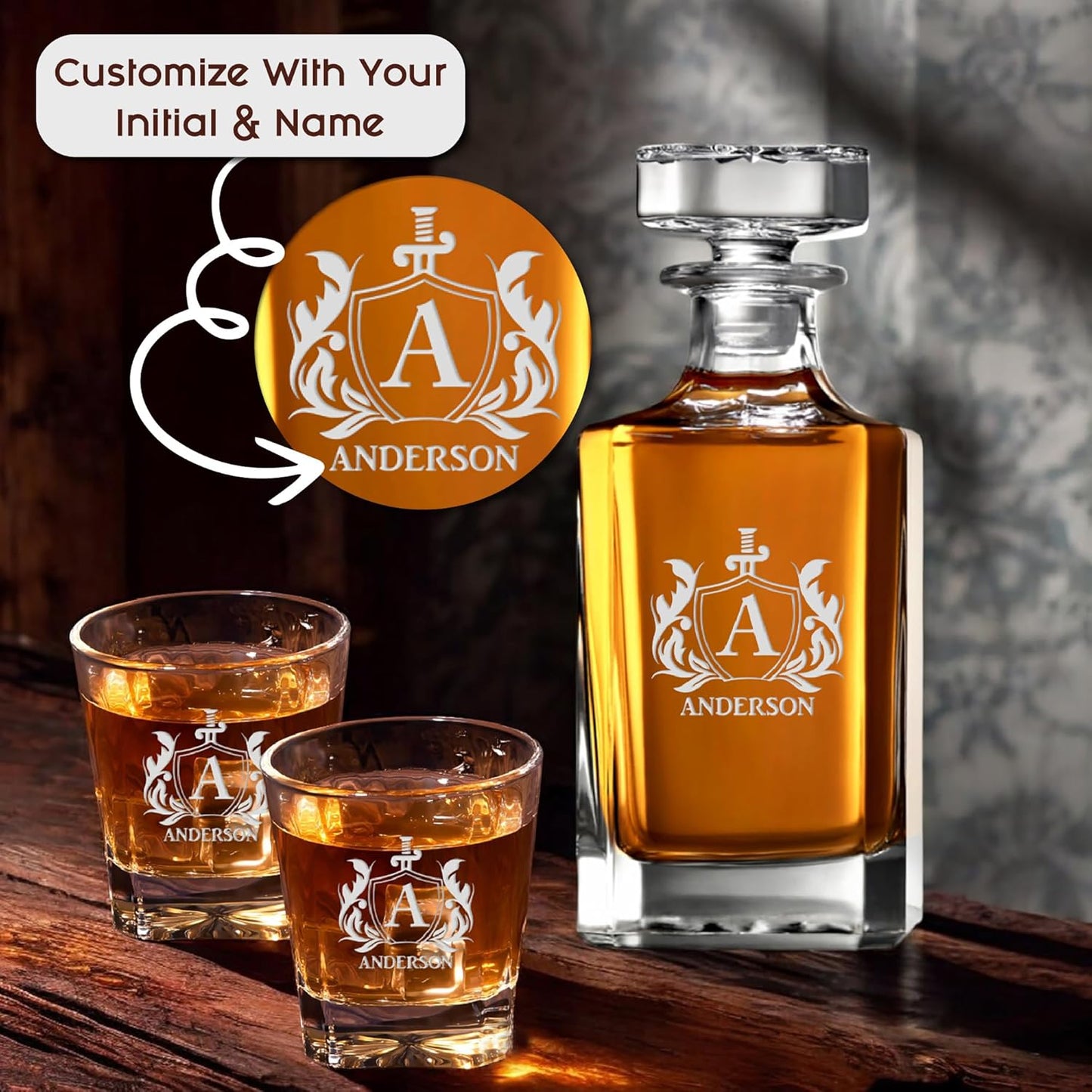 Personalized Rectangle Whiskey Decanter Set for Men 700ml Luxury Gift for Dad, Him, Boyfriend - Liquor Decanters with 2 or 4 Glasses for Birthday, Retirement, Weddings - 24 Engraved Design Options
