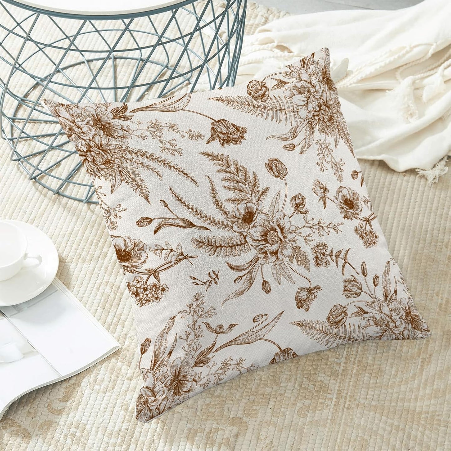 CXMEIFLY Spring Floral Leaves Pillow Covers 22 x 22 Inch Set of 2 for Chinoiserie Flowers Decor Throw Pillows Brown and White Seasonal Plant Outdoor Decorative Cushion Cases for Couch Bed Decorations