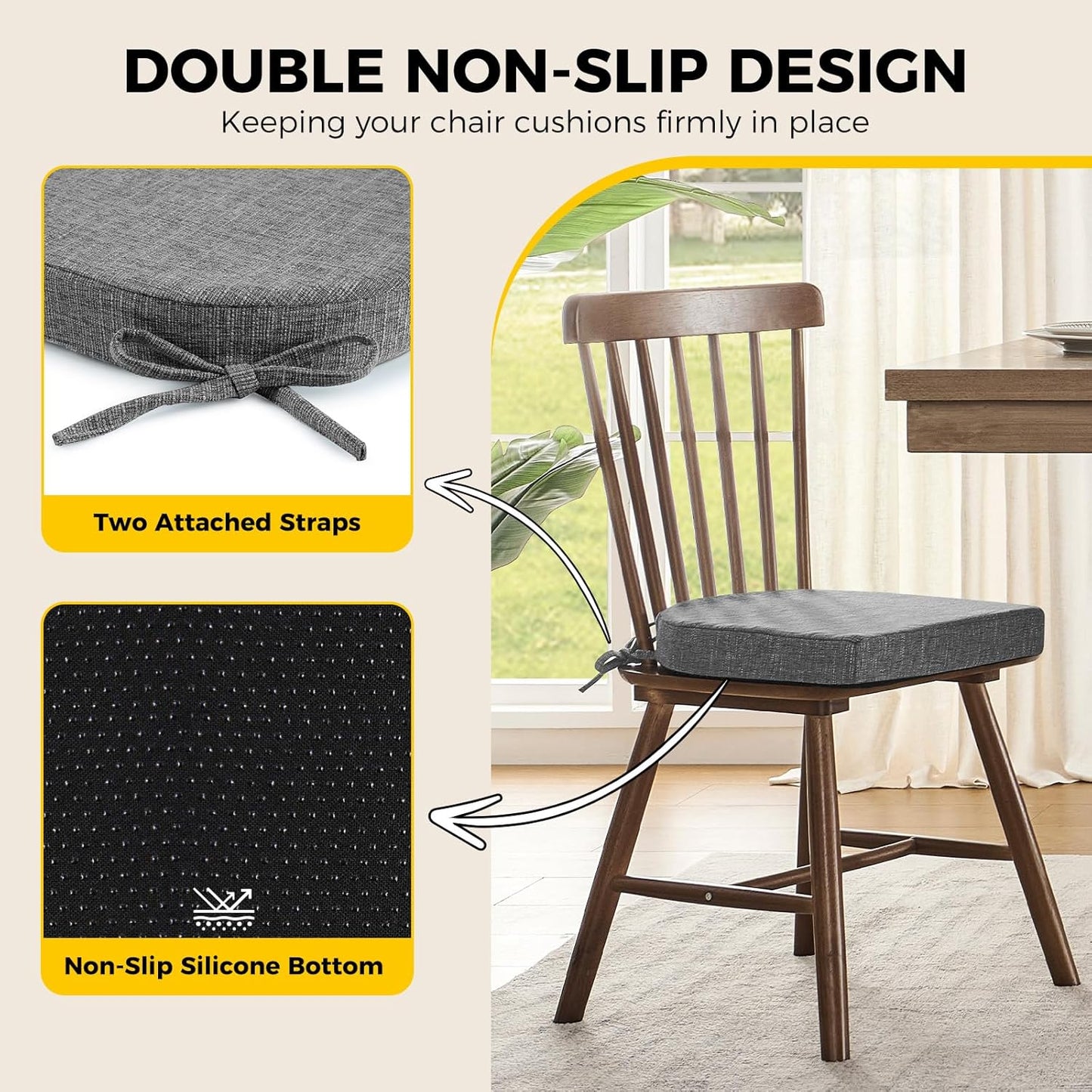 downluxe Indoor Chair Cushions for Dining Chairs, Soft and Comfortable Textured Foam Kitchen Chair Pads with Ties and Non-Slip Backing, 16" x 16" x 2", Dark Grey, 2 Pack