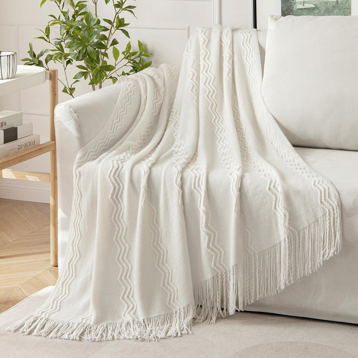 MIULEE Off White Knitted Throw Blanket for Couch Textured Knit Blanket with Tassels Cozy Woven Boho Bed Blanket for Sofa Bed Chair Acrylic Wave Pattern 50"x60"
