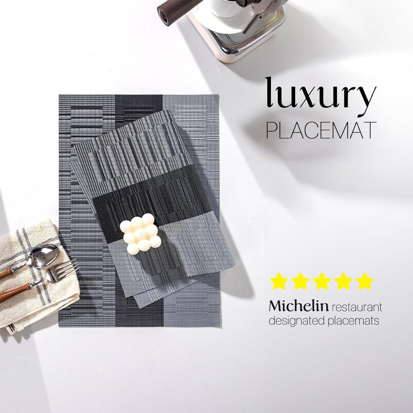 LEXMORE PlaceMats Set of 12 Vinyl/Plastic Woven Place Mats for Kitchen Table Indoor/Outdoor Washable PlaceMat Wipeable Dining Table Mats(Silver Gray Black)