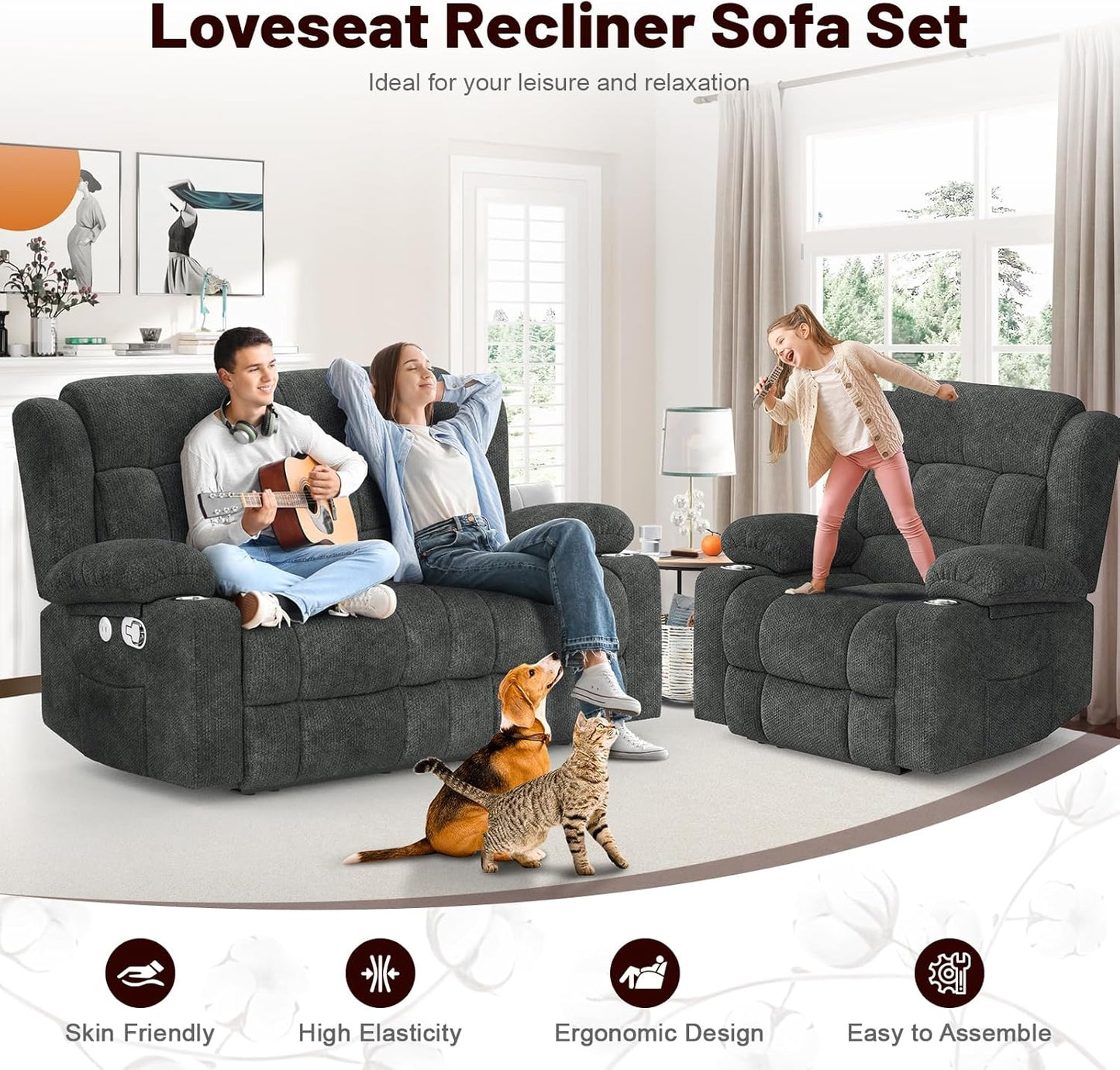 Loveseat Recliner Sofa Set with 2+1 Pieces, 2 Seater Minimalist Style Fabric Manual Pull Tab Reclining Loveseat with USB Charge Ports, Cup Holders, Recliner Couches for Living Room, RV, Gray