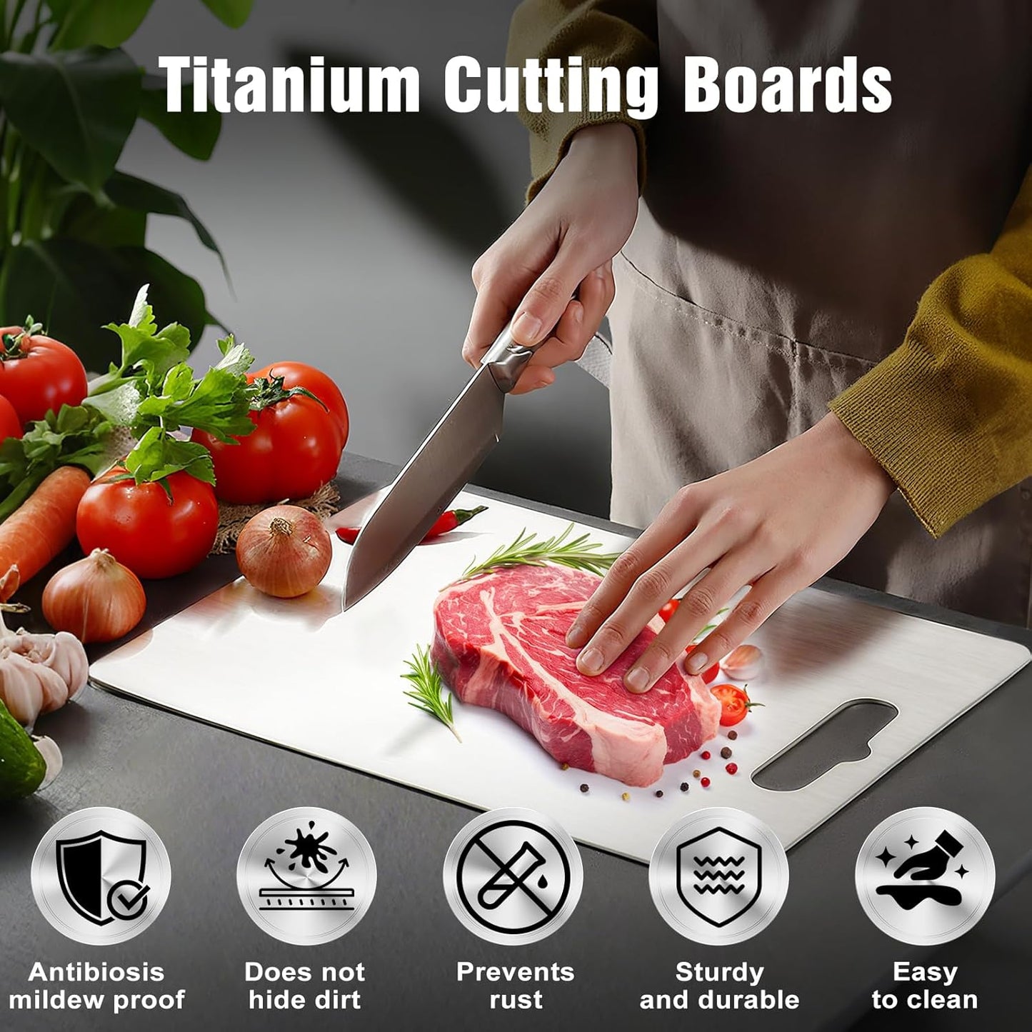 Titanium Cutting Board for Kitchen - 100% Pure Titanium Cutting Boards Non Toxic - 2025 New Upgrade Double Sided Metal Chopping Boards for Meat, Vegetables, Fruits, Dishwasher Safe (12 x 9 In)