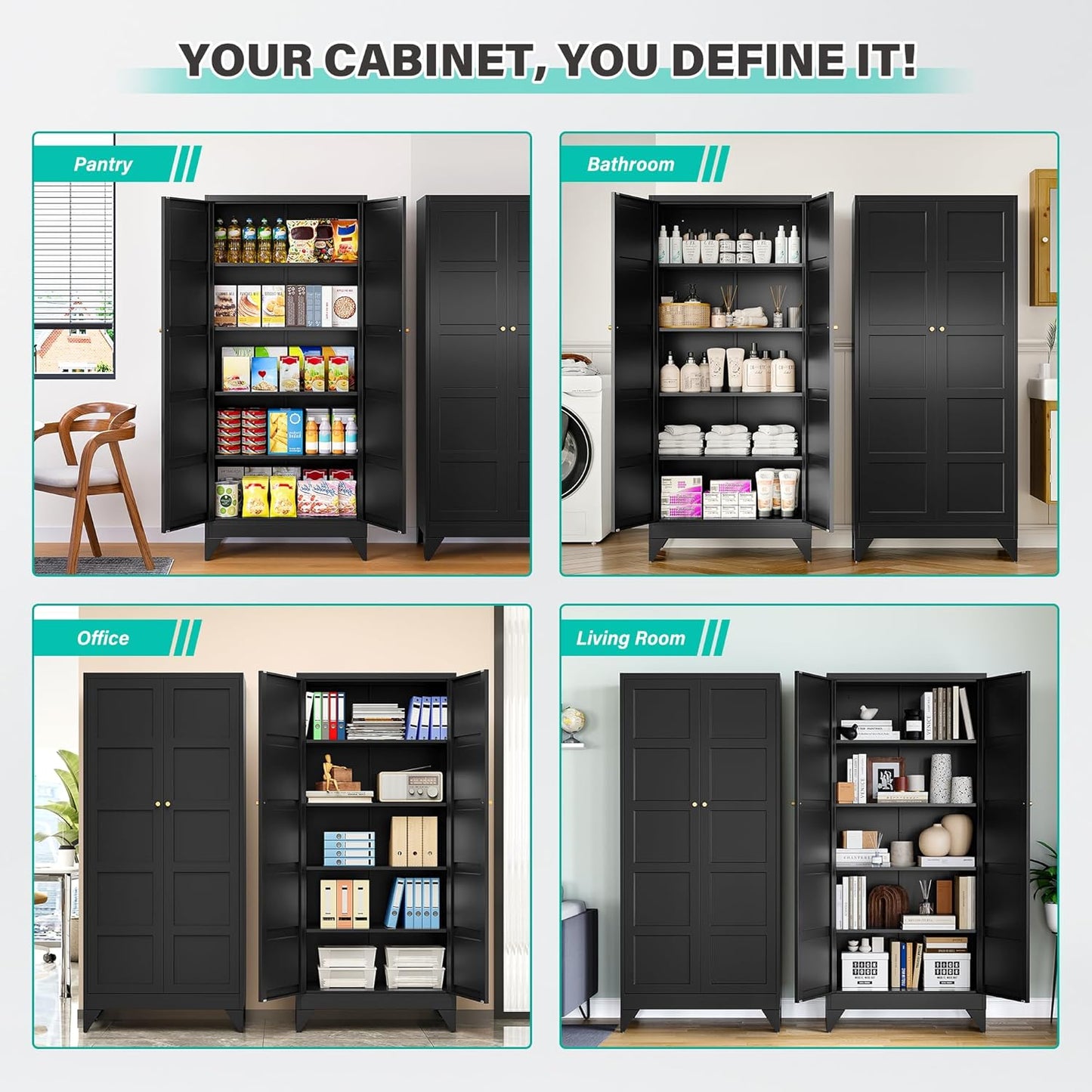 Metal Storages Cabinet with 2 Doors and 5 Shelves,Tall Storage Cabinet,Large Cupboard Closet,Pantry Storage Cabinet for Home,Office,Bathroom,Dining/Living Room (Black, 71" H)