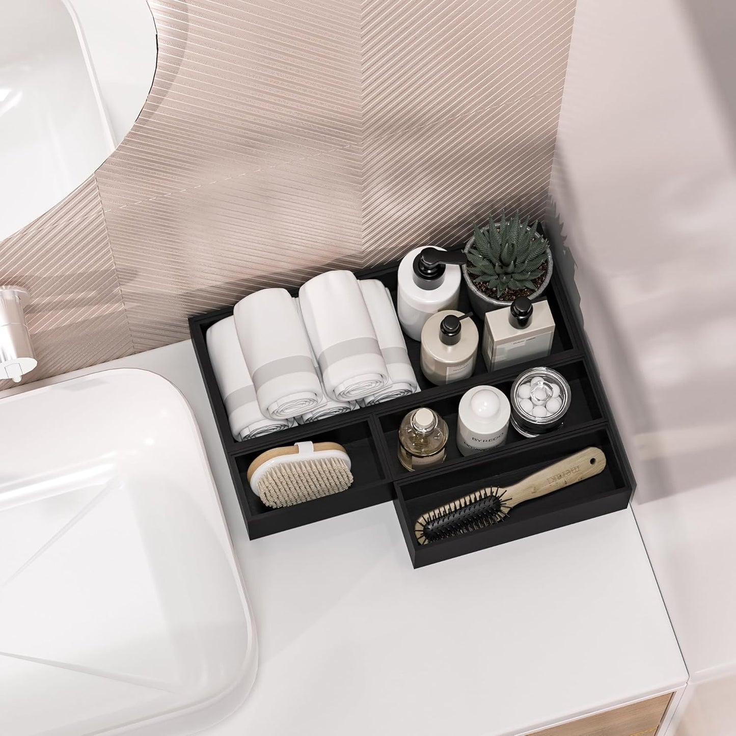 Kitchen Drawer Organizer Bins, Black Bamboo Drawer Organizer Stackable for Silverware, Utensils, Cutlery, Flatware, Junk Drawer, Dresser, Bathroom, 9" x 3" x 2.5" (Set of 2)