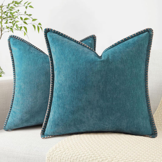 decorUhome Chenille Soft Throw Pillow Covers 20x20 Set of 2, Farmhouse Velvet Neutral Decorative Euro Pillow Covers with Stitched Edge for Couch Sofa Bed Home Decor, Teal