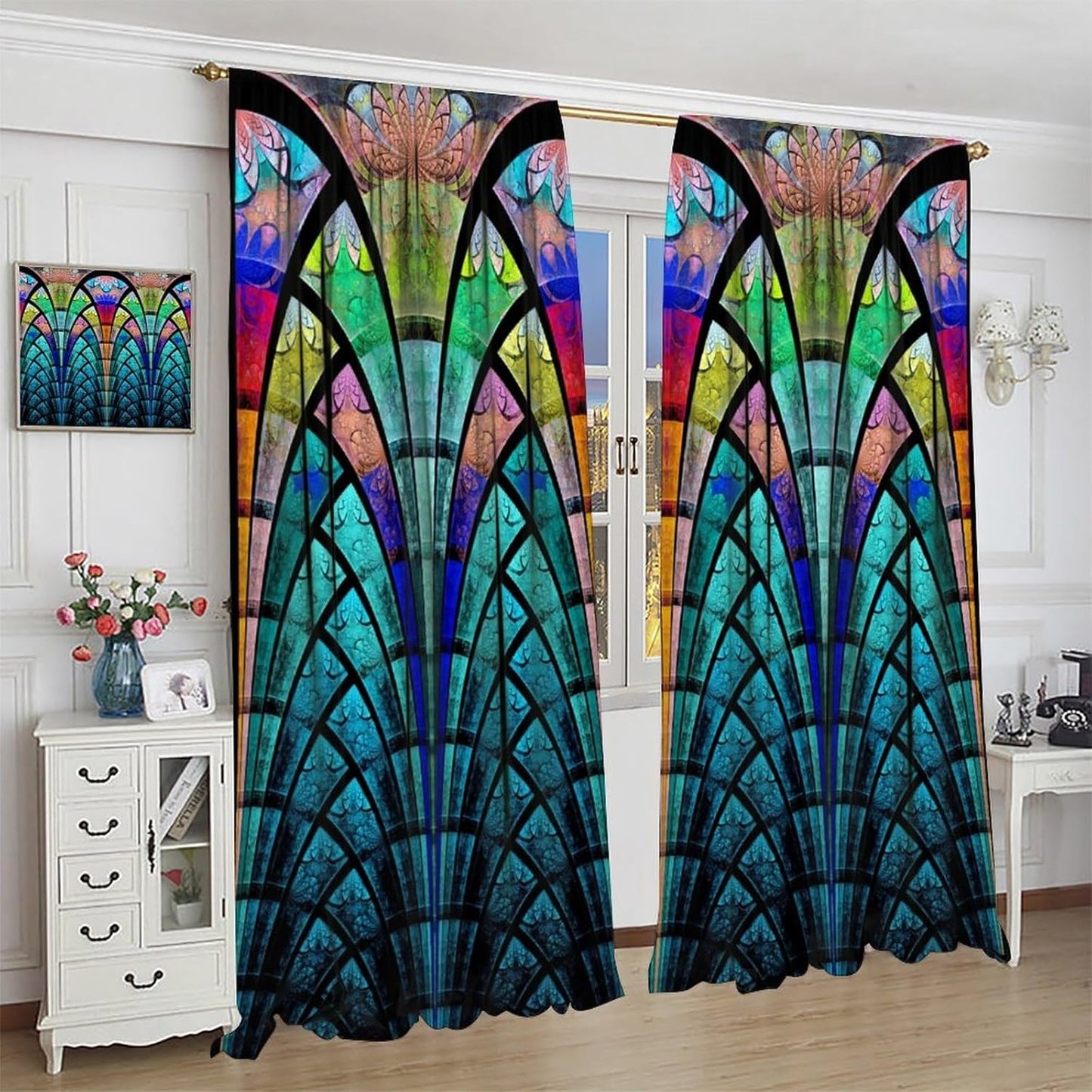 Stained Glass Curtains,Retro Design Style Colorful Abstract Art Home Decor Drapes for Bedroom Living Room Kitchen Window Treatment 2 Panels Set Total Size 63" W X 63" L Inch