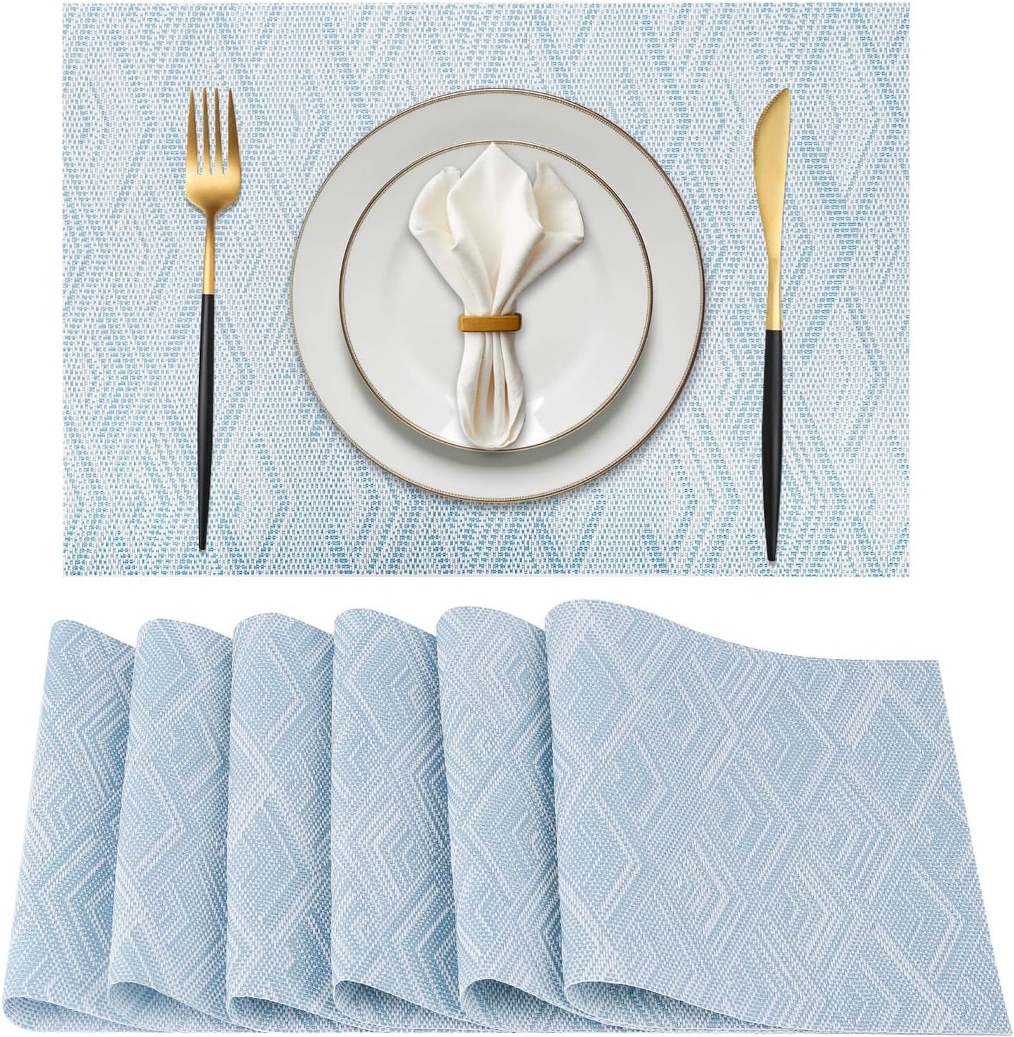 Vinyl Plastic Placemats Set of 6 Washable Heat Resistant Non-Slip Elegant Indoor Outdoor Kitchen Dining PVC Woven Table Place Mats (Sky Blue Rhombus)