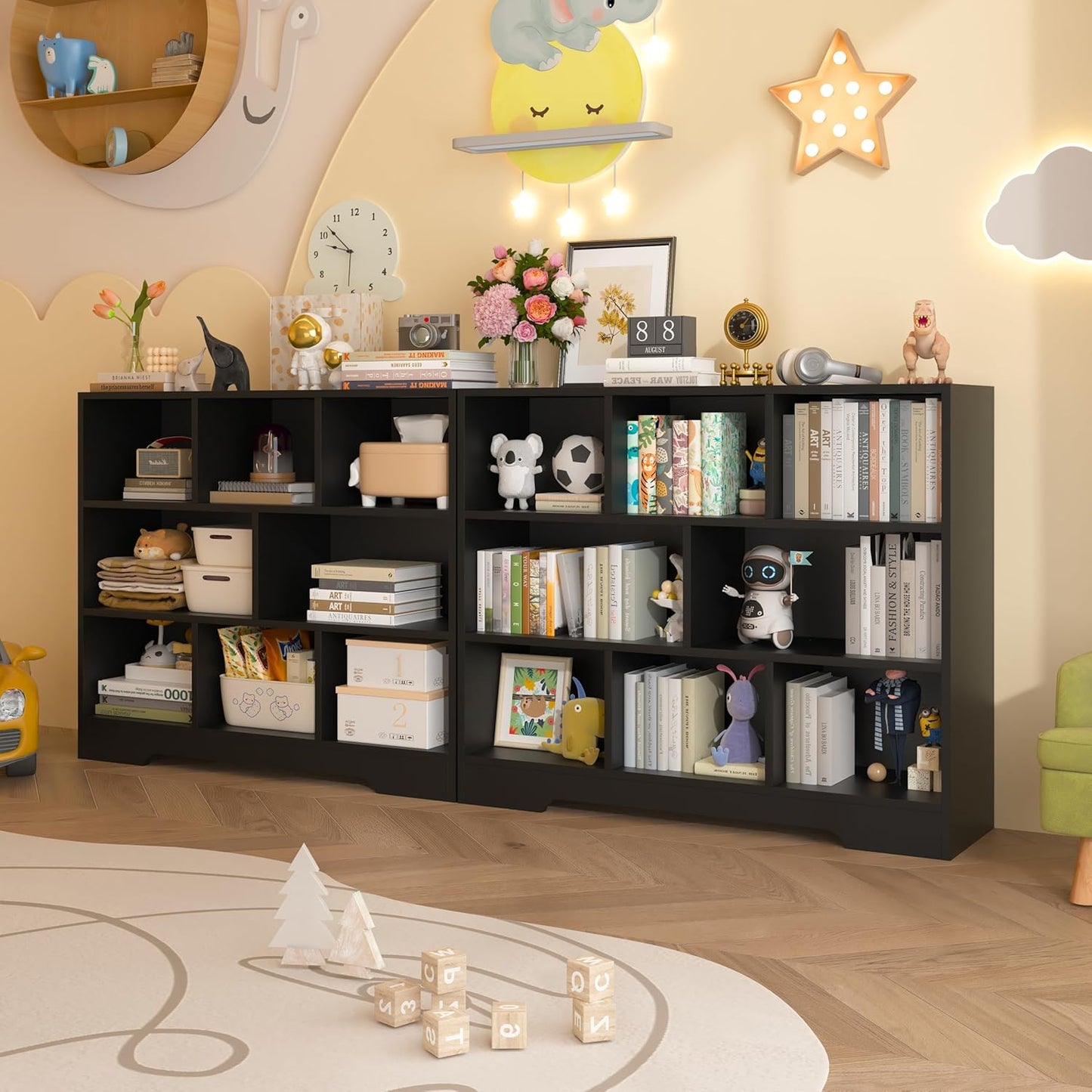 Book Shelf, 8 Cubes Storage Organizer, 3-Tier Open Shelf Wooden Bookcase, Freestanding Black Bookshelf Cube Shelf for Bedroom, Living Room, Home Office