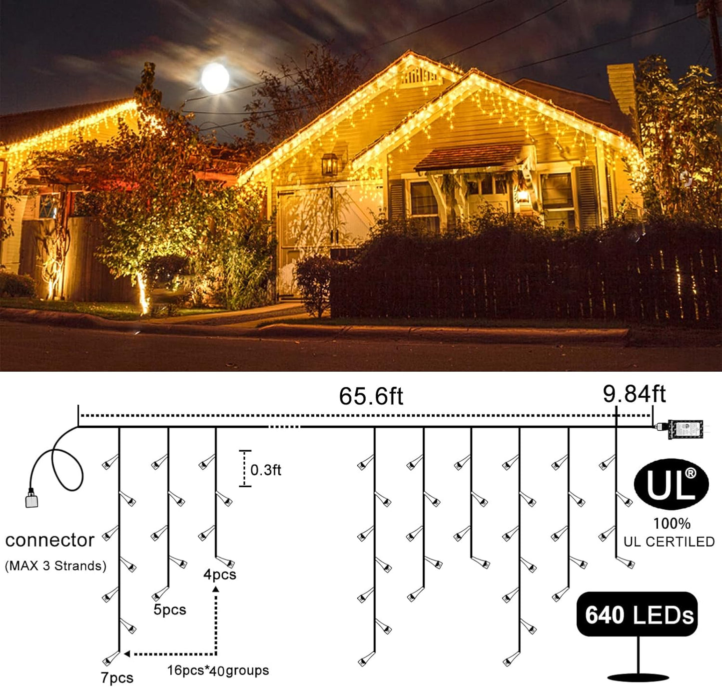 Icicle Christmas Lights Outdoor, 66ft 640 LED Icicle Lights for Outside 8 Modes with 75 Drops, Plug in Christmas Light for House Indoor Holiday Wedding Christmas Decorations, Warm White