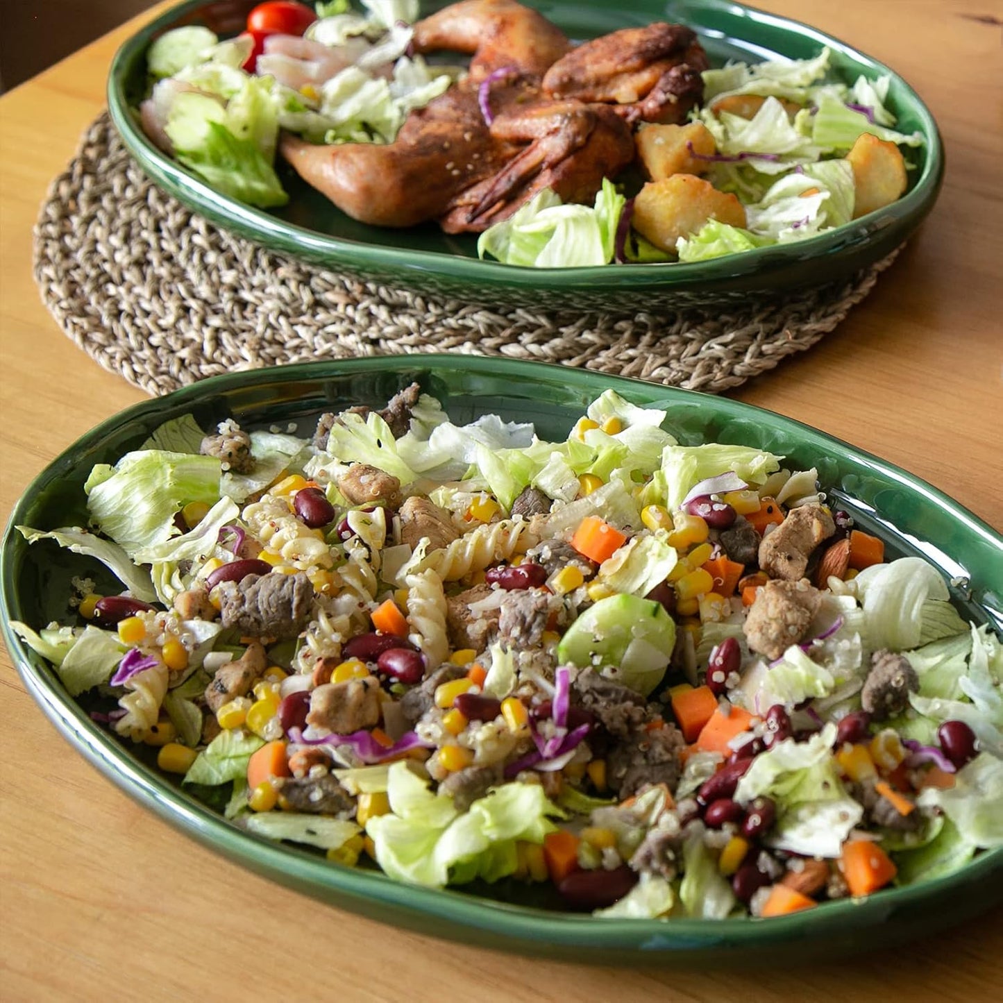 vicrays Ceramic Serving Platter Tray - Extra Large Oval 14.5 Inch Porcelain Dinner Plates Long Serving Dish Set - for Party Restaurant Food Meat Sushi Fish Turkey Platter - Green