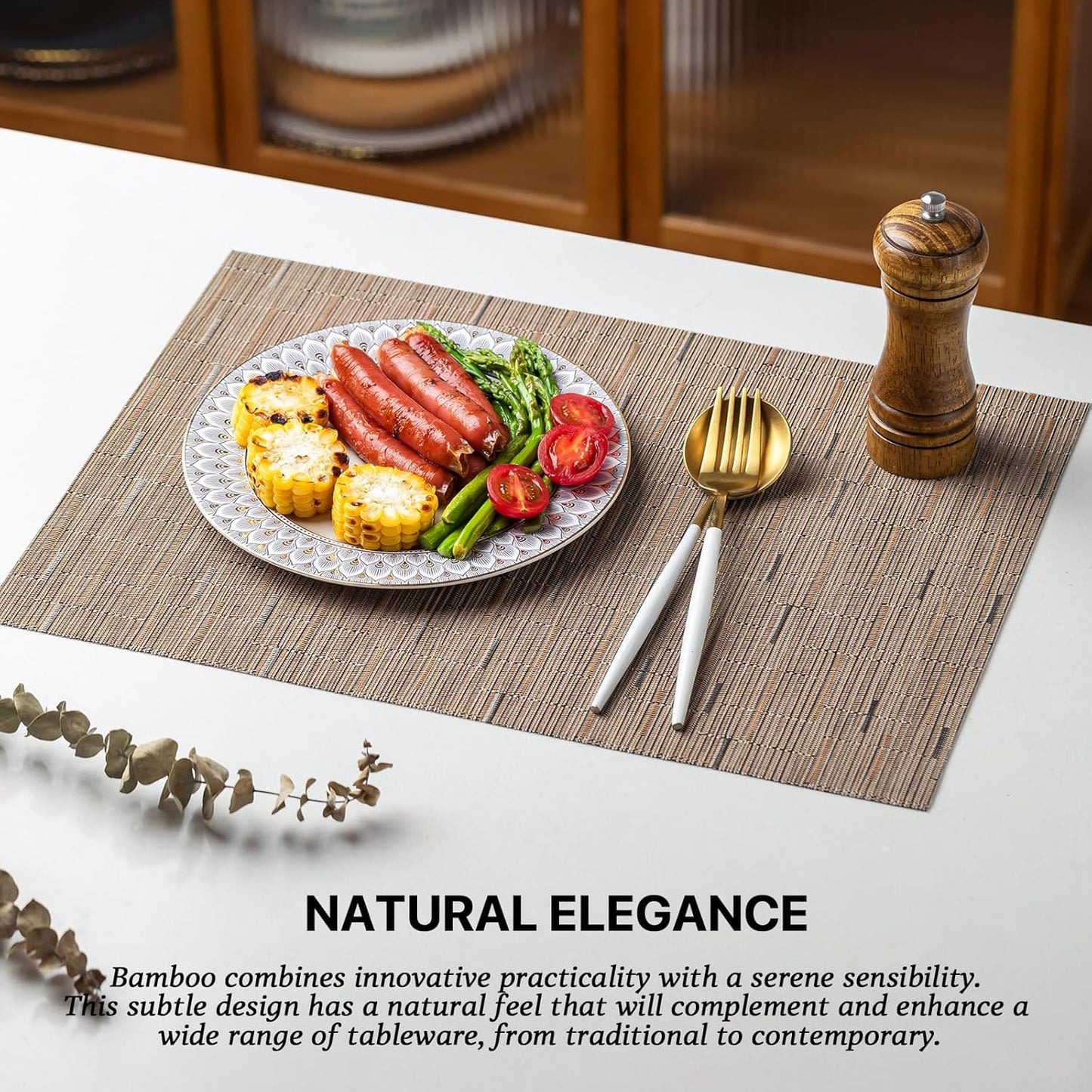 LEXMORE Placemats Set of 8 Vinyl/Plastic Woven Place Mats for Kitchen Table Indoor/Outdoor Washable Placemat Wipeable Dining Table Mats(Light Brown)