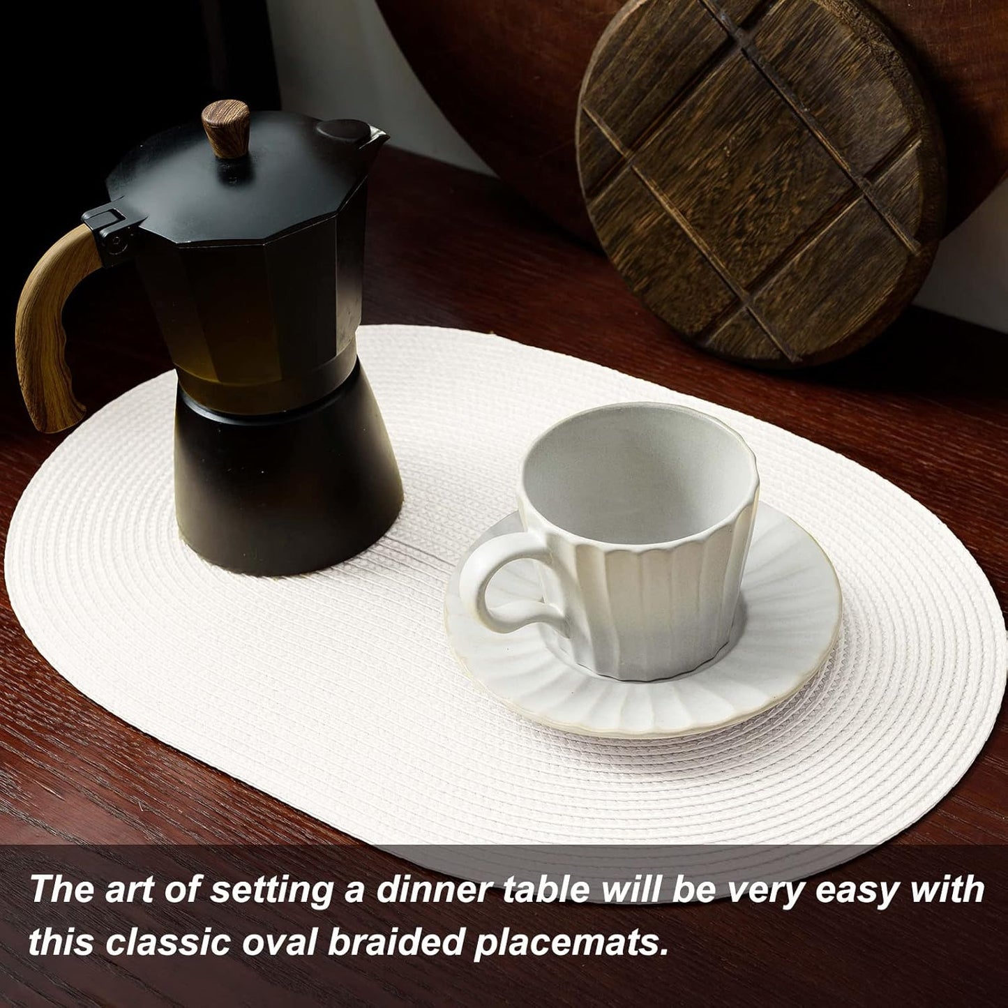 AHHFSMEI Placemats Set of 8 for Dining Table Washable Woven Vinyl Non-Slip 18x12 inches Placemat Heat-Resistant Durable Table Mats for Dining Table Easy to Clean (White, 8)