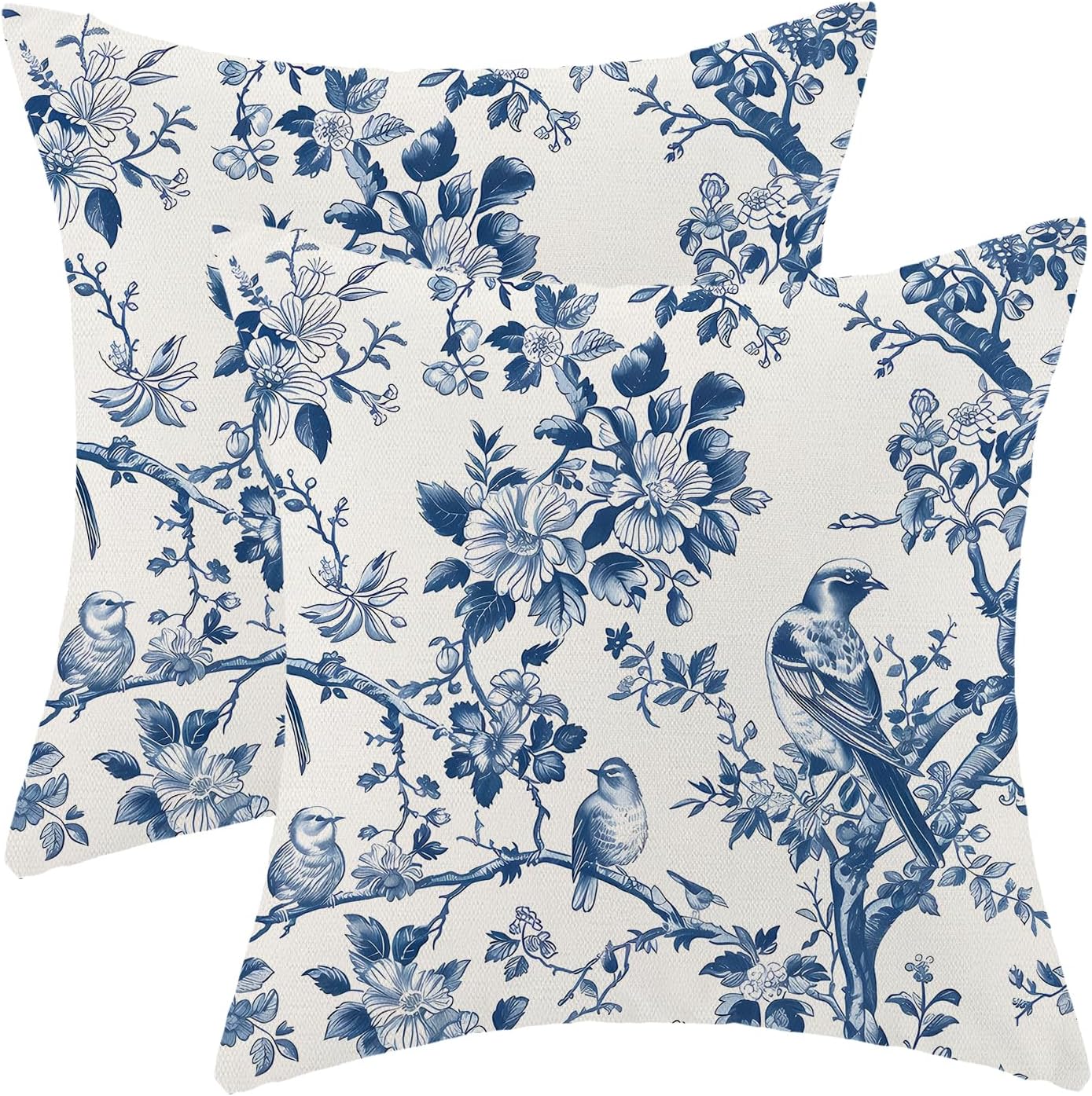 Navy Blue Spring Floral Pillow Covers 16 x 16 Inch Set of 2 for Vintage Chinoiserie Flowers Bird Decor Throw Pillows Plant Farmhouse Outdoor Decorative Cushion Cases for Couch Bed Decorations