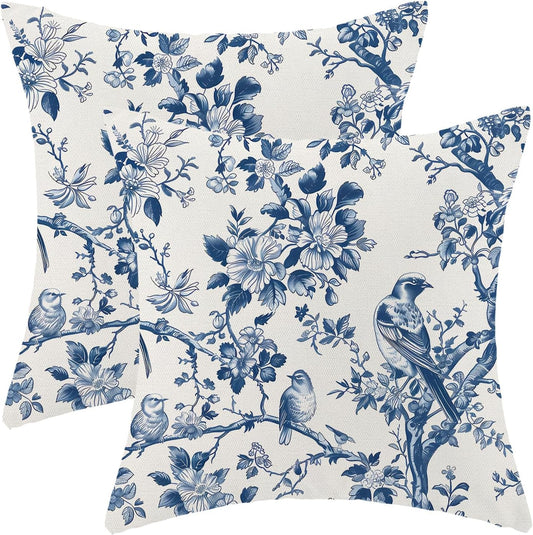 Navy Blue Spring Floral Pillow Covers 16 x 16 Inch Set of 2 for Vintage Chinoiserie Flowers Bird Decor Throw Pillows Plant Farmhouse Outdoor Decorative Cushion Cases for Couch Bed Decorations