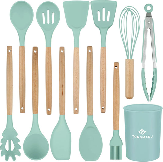Silicone Cooking Utensils Set, Premium Beech Wood Handle Kitchen Gadgets Utensil Set, Non-Stick Kitchen Utensils Spatula, Tongs, Turner, Whisk, Brush, Spoon, BPA FREE, 446°F Resistant (Mint)