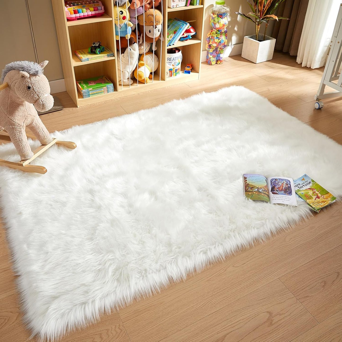 AMTOVO Faux Fur Sheepskin Rug for Living Room, 4 x 6 ft White Fluffy Area Rug for Bedroom, Playroom, Luxury Room Decor, Rectangle