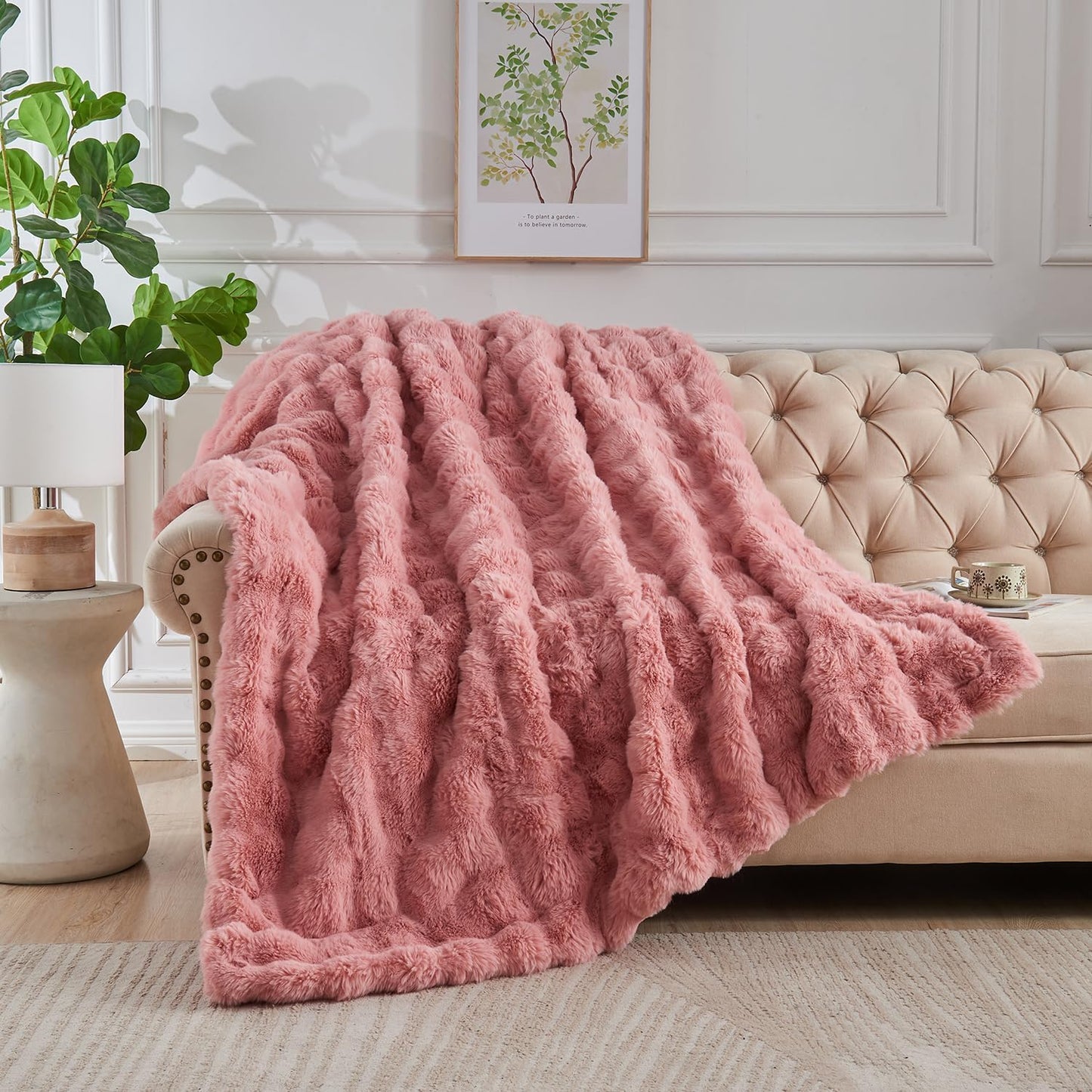 Lotus Karen Faux Fur Throw Blanket Old Pink - Big Bubble Rabbit Fluff Blanket for Couch, Small Fluffy Fuzzy Cozy Blanket, Thick Furry Plush Shaggy Blankets, 50x60 Inches