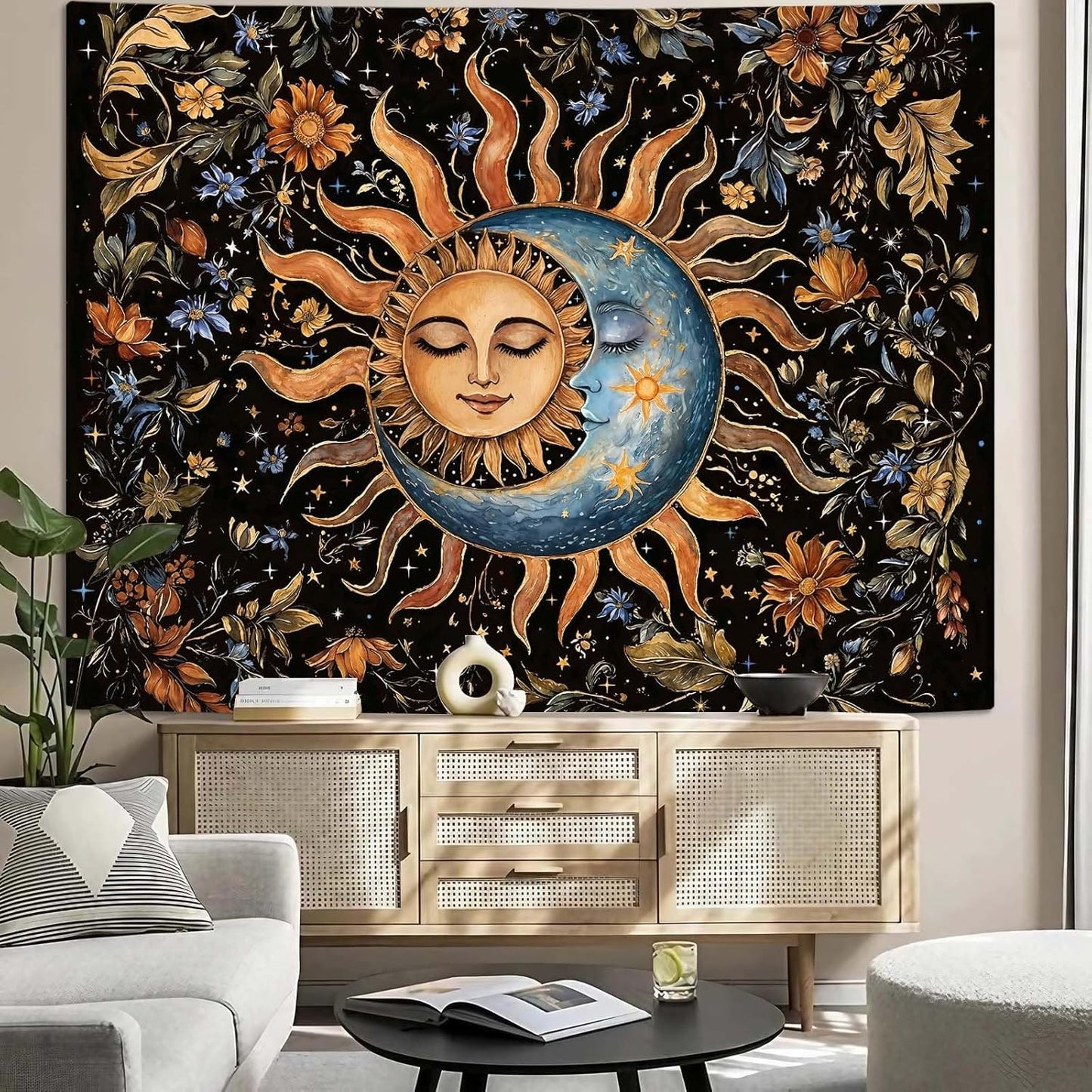 Aipon Sun and Moon Tapestry for Bedroom Boho Vintage Floral Hippie Wall Tapestry Aesthetic Retro Flower Plant Small Tapestries Wall Hanging for Living Room Dorm Decor 48 x 36 Inch