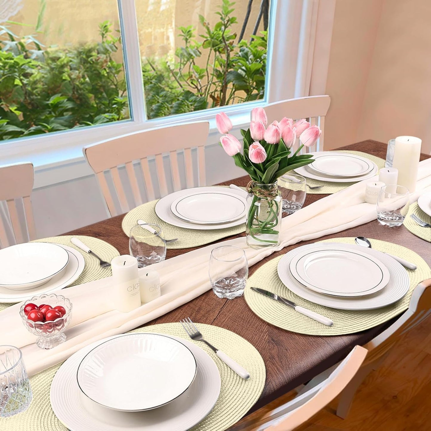 AHHFSMEI Placemats Set of 6 for Dining Table Washable Woven Vinyl Non-Slip 18x12 inches Placemat Heat-Resistant Durable Table Mats for Dining Table Easy to Clean (Ivory)