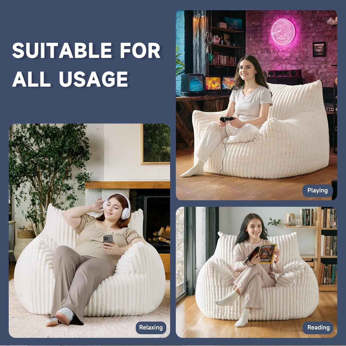 Oversized Bean Bag Chair for Adults, Giant Comfy Plush Boneless Bean Bag Couch with Filler for Kids - Reading Chair for Living Room, Bedroom & Dorm, Single Accent Chair Floor Lounger, Beige