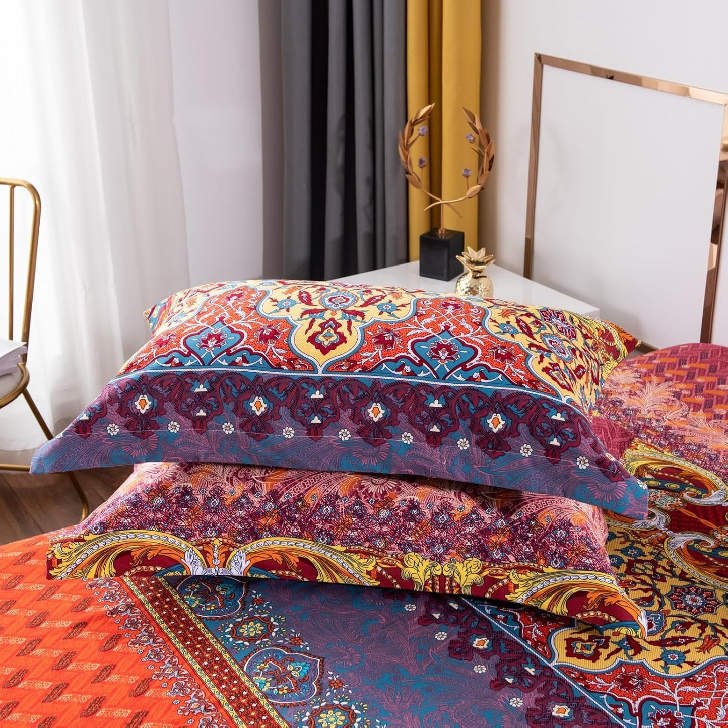 ABREEZE Bohemian Duvet Cover Set Colorful Orange Boho Retro Bedding Set Damask Paisley Cotton Duvet Cover Tribal Reversible Bedding Exotic Style Comforter Cover 3-Piece Twin