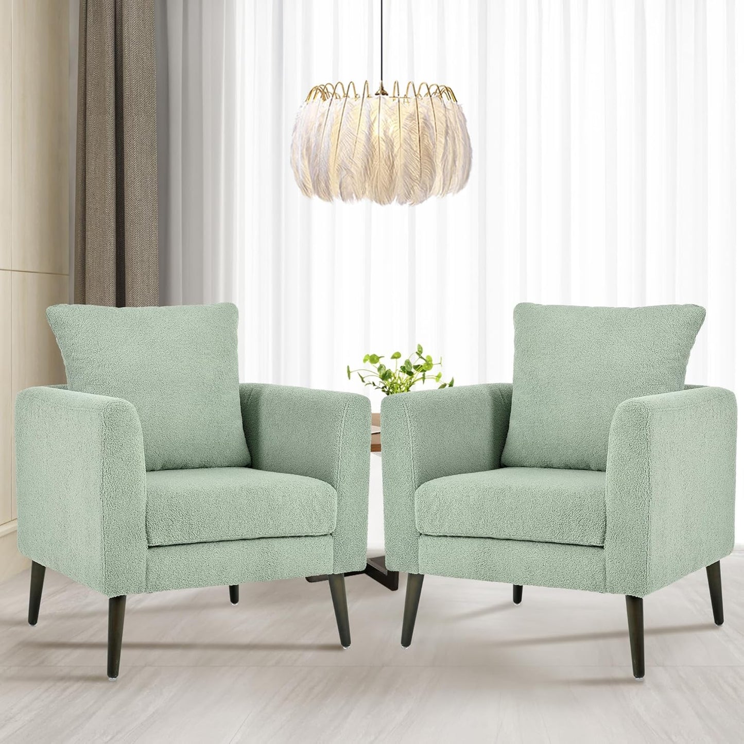 Barrel Accent Chair Set of 2 with Back Pillow, Large Teddy Upholstered Armchair with Solid Wood Legs Modern Reading Chairs for Living Room Bedroom