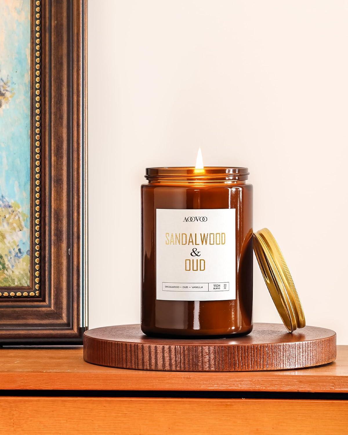 AOOVOO Sandalwood Oud Candle - Large Scented Candles 22oz, Soy Candles, Aromatherapy Candle, Soy Wax Candle