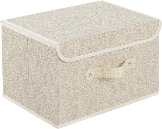 Storage Boxes, Collapsible Storage Bins with Lids, Cotton and linen cloth Storage Baskets with Handle, for Books, Closet, Bedroom, Home, 13x9.1x7.9 in, Grey and Beige