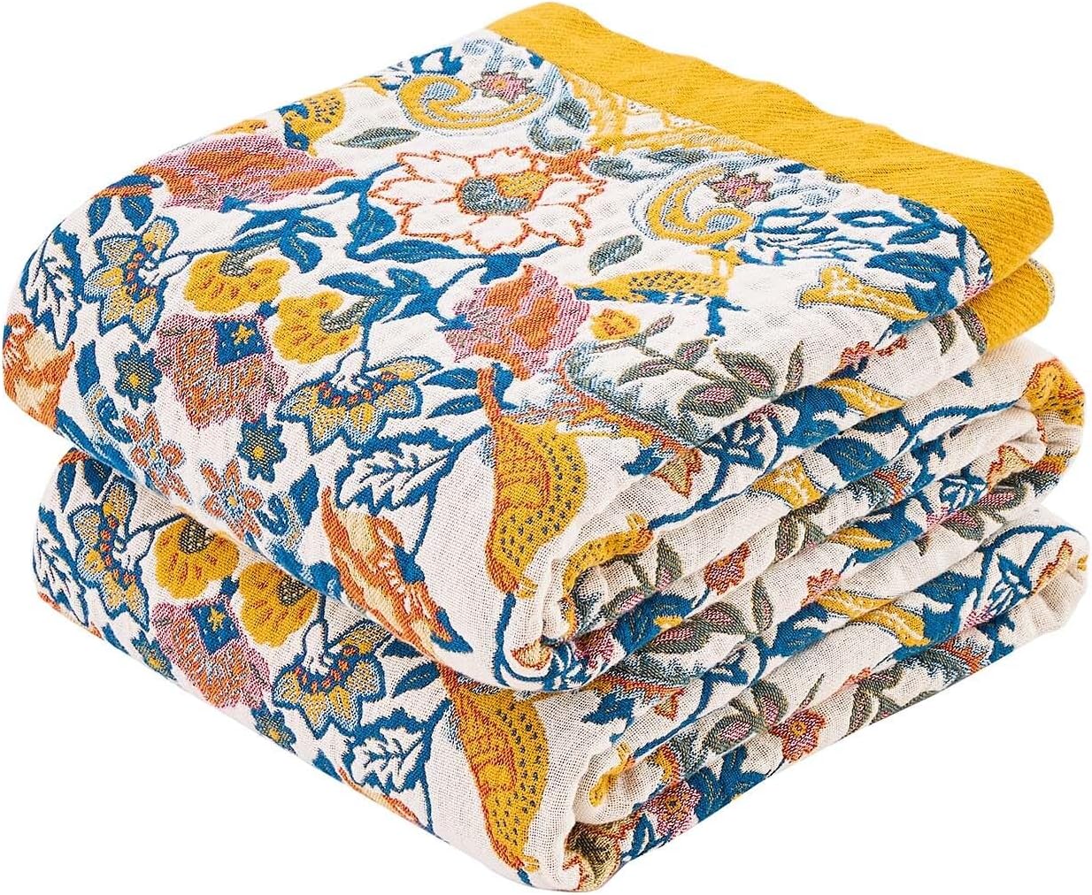 Boho Blanket Throw Quilt, 100% Cotton Soft Light Weight Throw Blankets for Summer, 80"x90" Farmhouse Flower Decorative Blankets, All Season Rustic Reversible Bohemian Throw Quilt