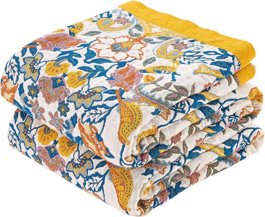 Boho Blanket Throw Quilt, 100% Cotton Soft Light Weight Throw Blankets for Summer, 80"x90" Farmhouse Flower Decorative Blankets, All Season Rustic Reversible Bohemian Throw Quilt