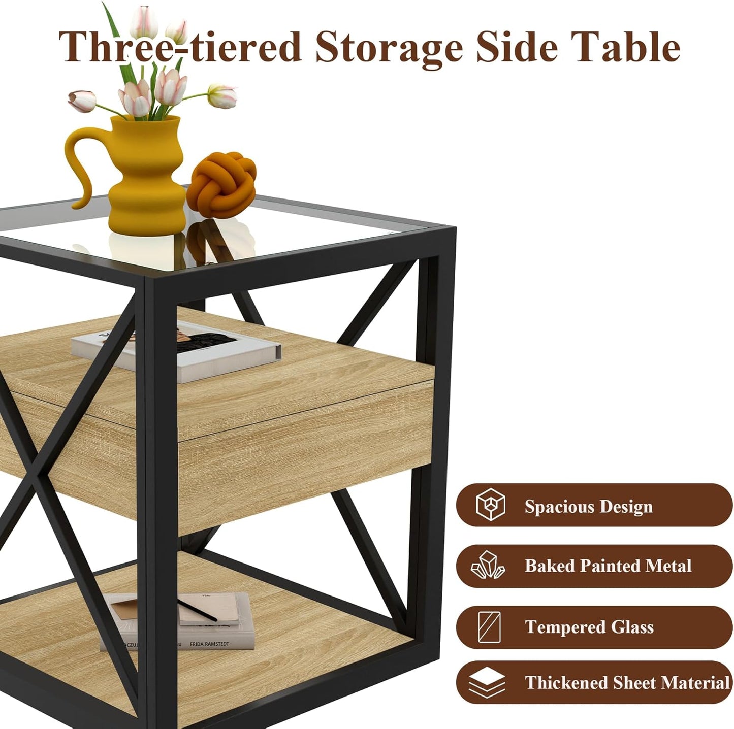 Farmhouse End Table, Modern Side Table with Drawer&3-Tier Storage Shelf, Square Rustic Nightstand, Accent Tea Table, for Bedroom Office Living Room, Brown, Natural Wood, Glass, Metal