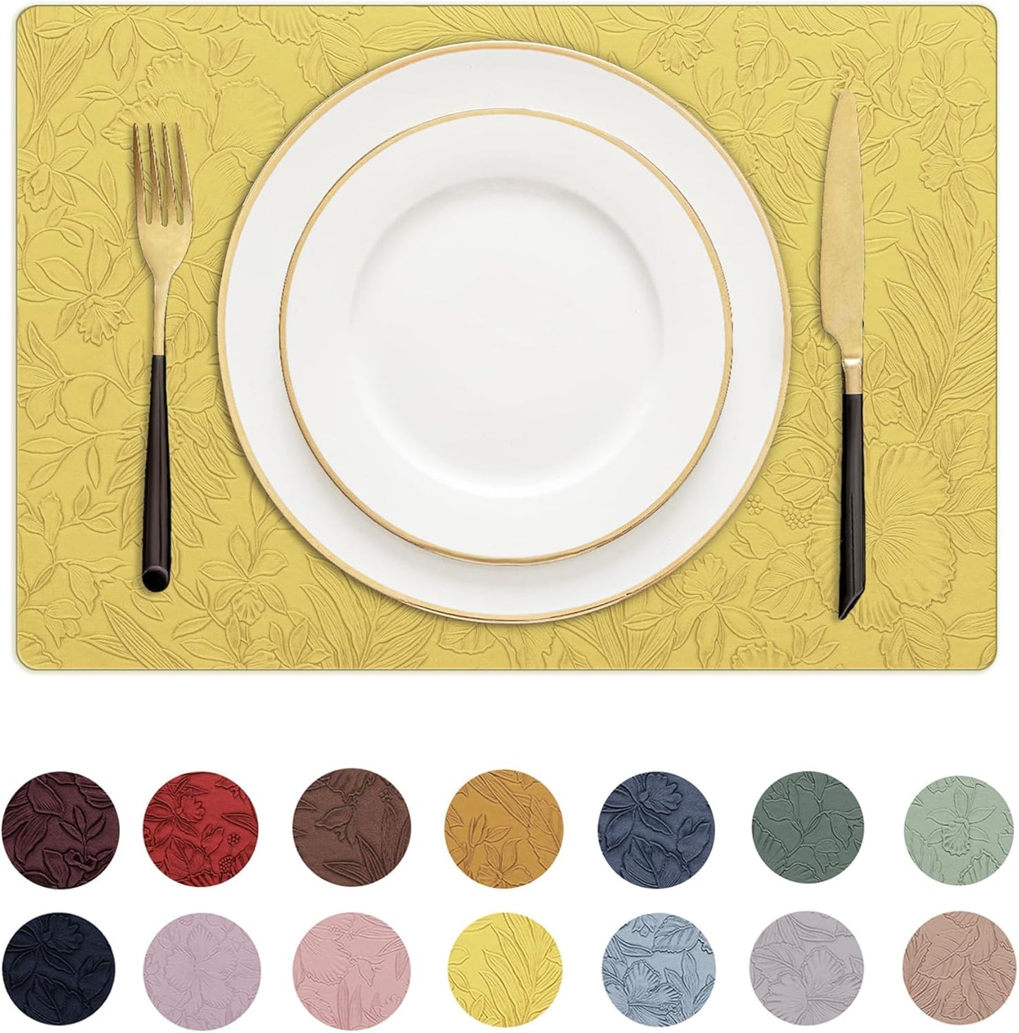 Romanstile Vinyl Placemats Set of 8-12 X 18 Inch - Heat Resistant Non-Slip Embossed Floral Place Mats 100% Waterproof Oilproof Wipeable Faux Leather Table Mats for Kitchen/Dining/Party, Yellow
