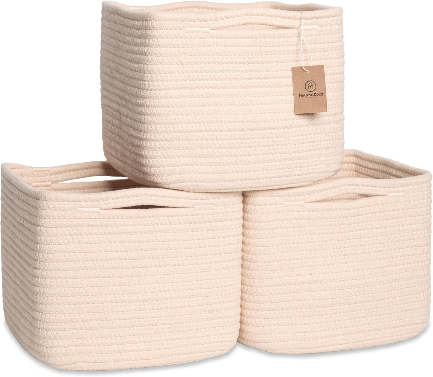 NaturalCozy Storage Cubes 9”x9”x7”Cotton Rope Woven Baskets for Organizing 3-Pack | 9 Inch Cube Storage Bin | Small Basket for Shelf Nursery, Pantry, Decorative Plant, Bathroom Closet, Toy Gift